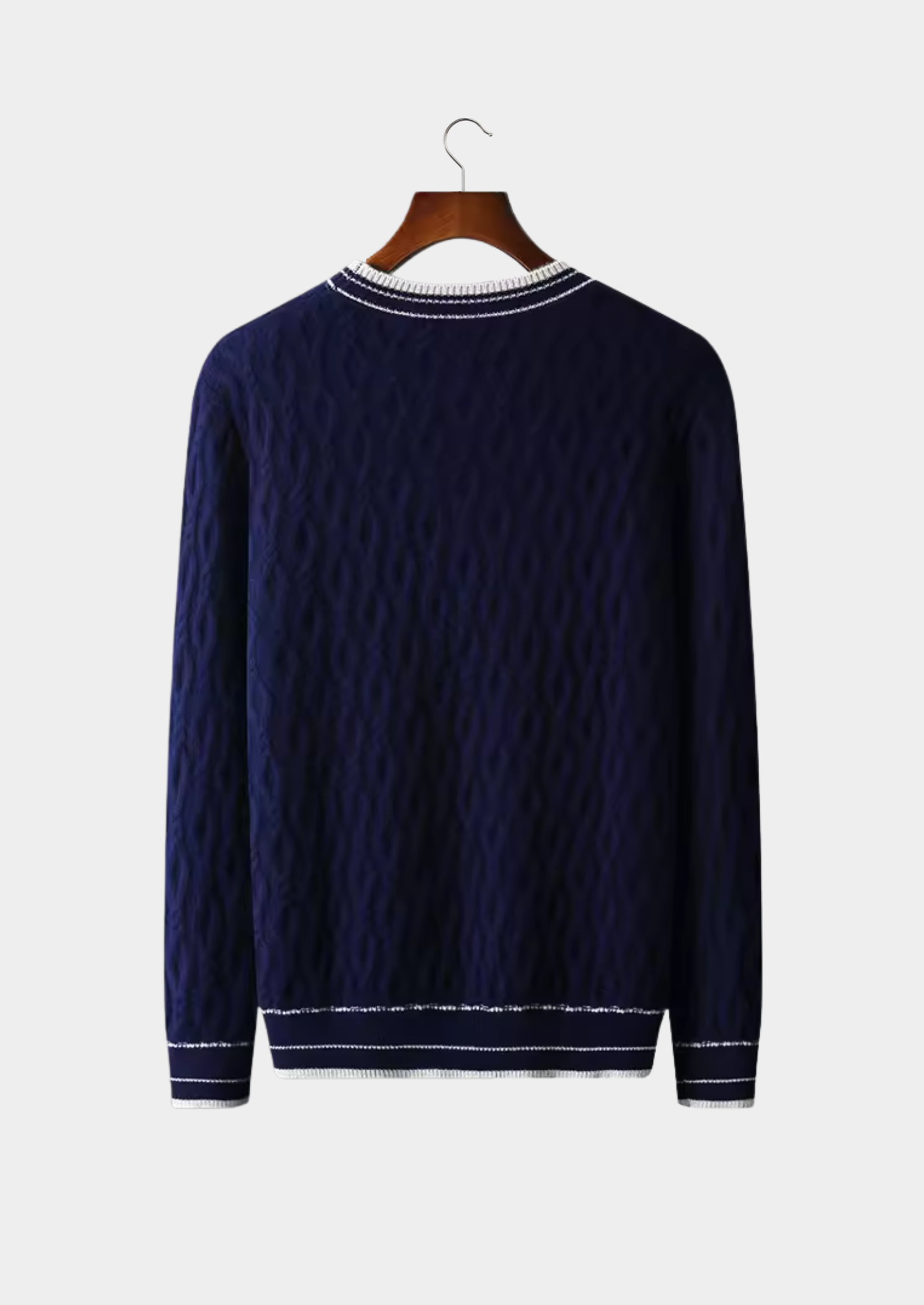 Men’s Wool Cable Knit Crew Neck Sweater with Striped Trim