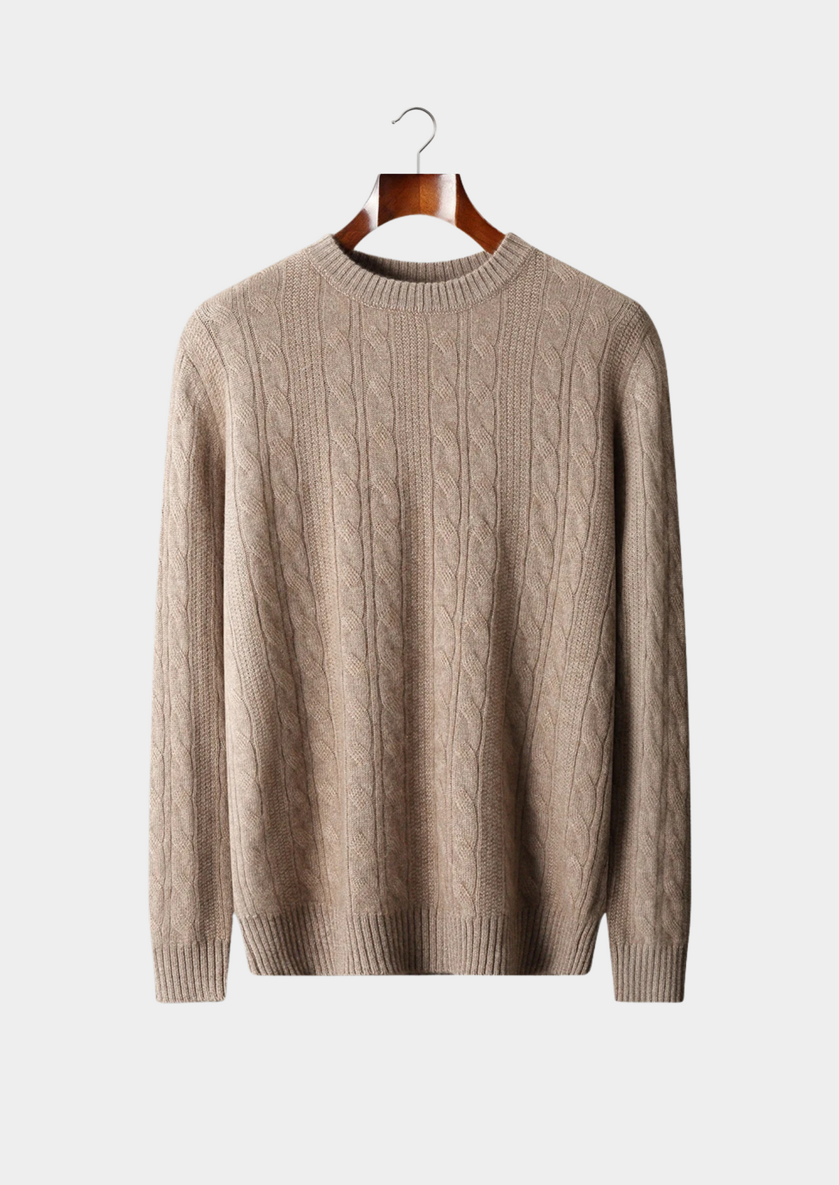 Men’s Merino Wool Cable Knit Crewneck Sweater with Ribbed Trim