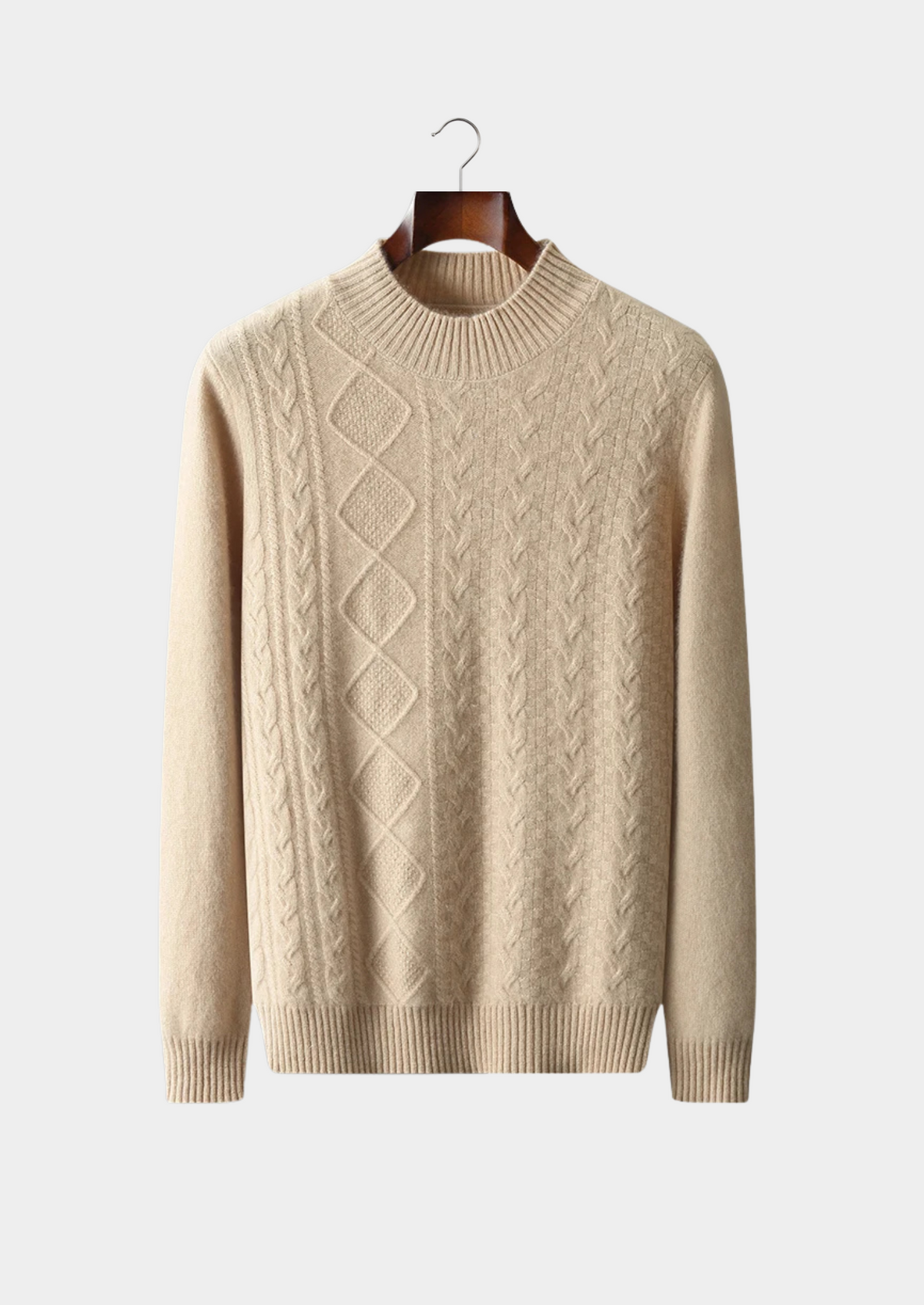 Men’s Cashmere Cable Knit Mock Neck Sweater with Long Sleeves