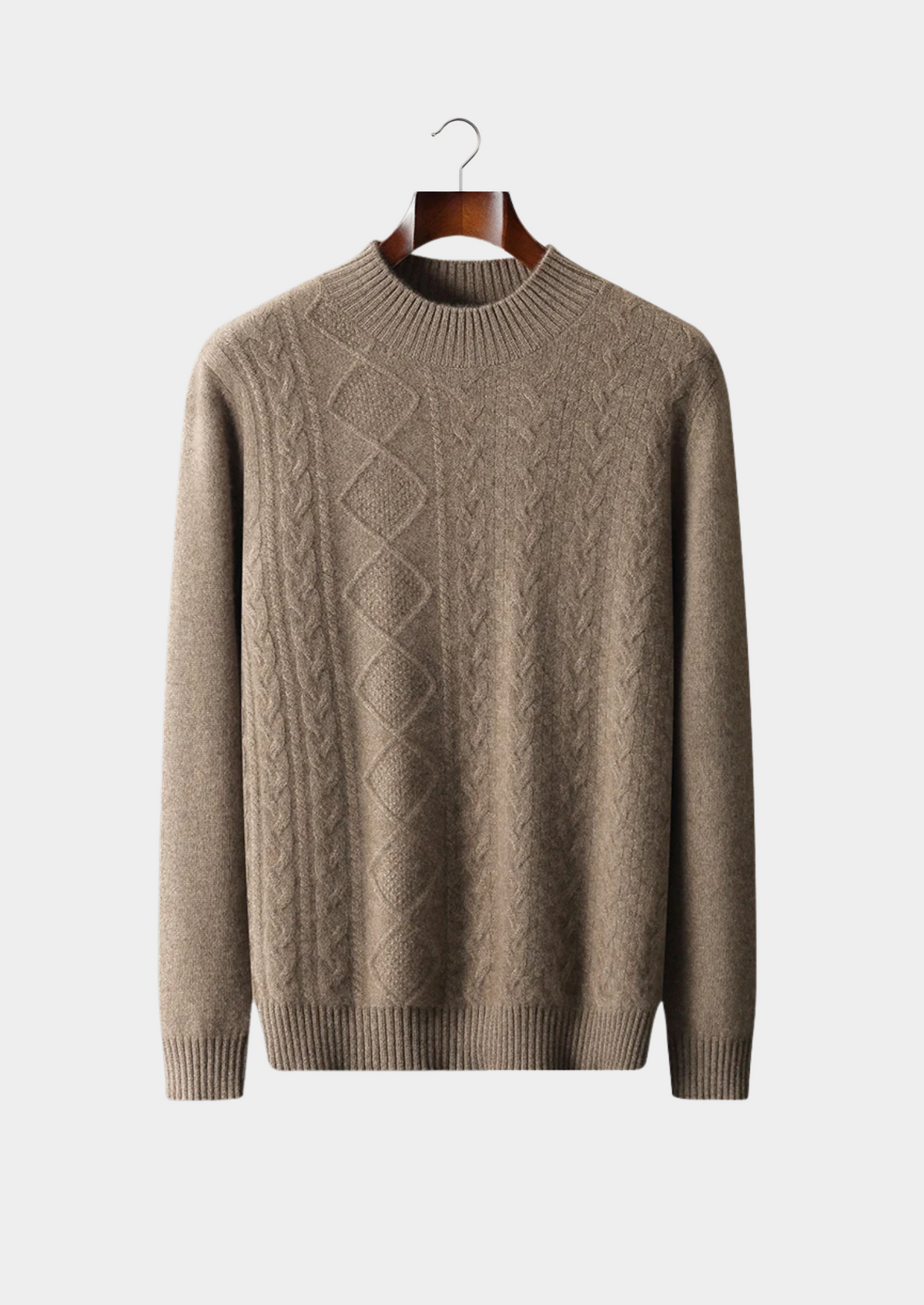 Men’s Cashmere Cable Knit Mock Neck Sweater with Long Sleeves