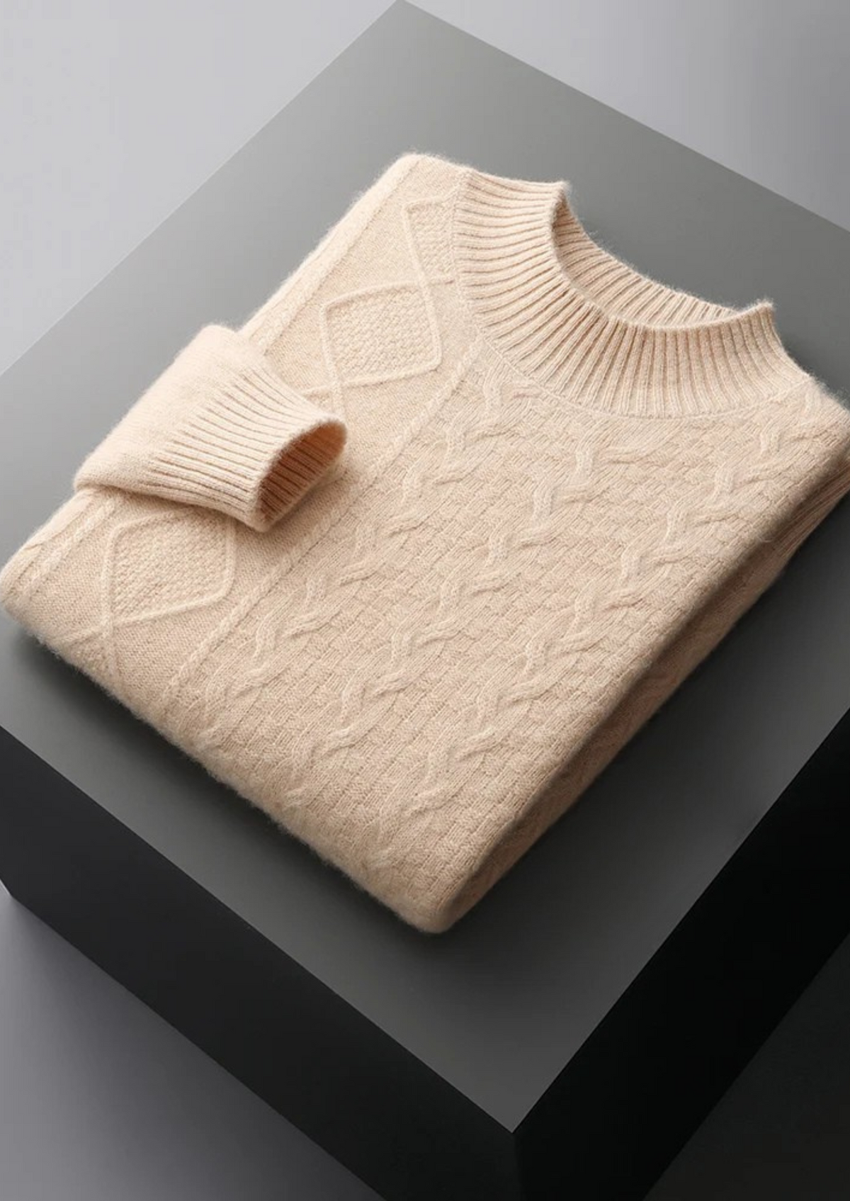 Men’s Cashmere Cable Knit Mock Neck Sweater with Long Sleeves