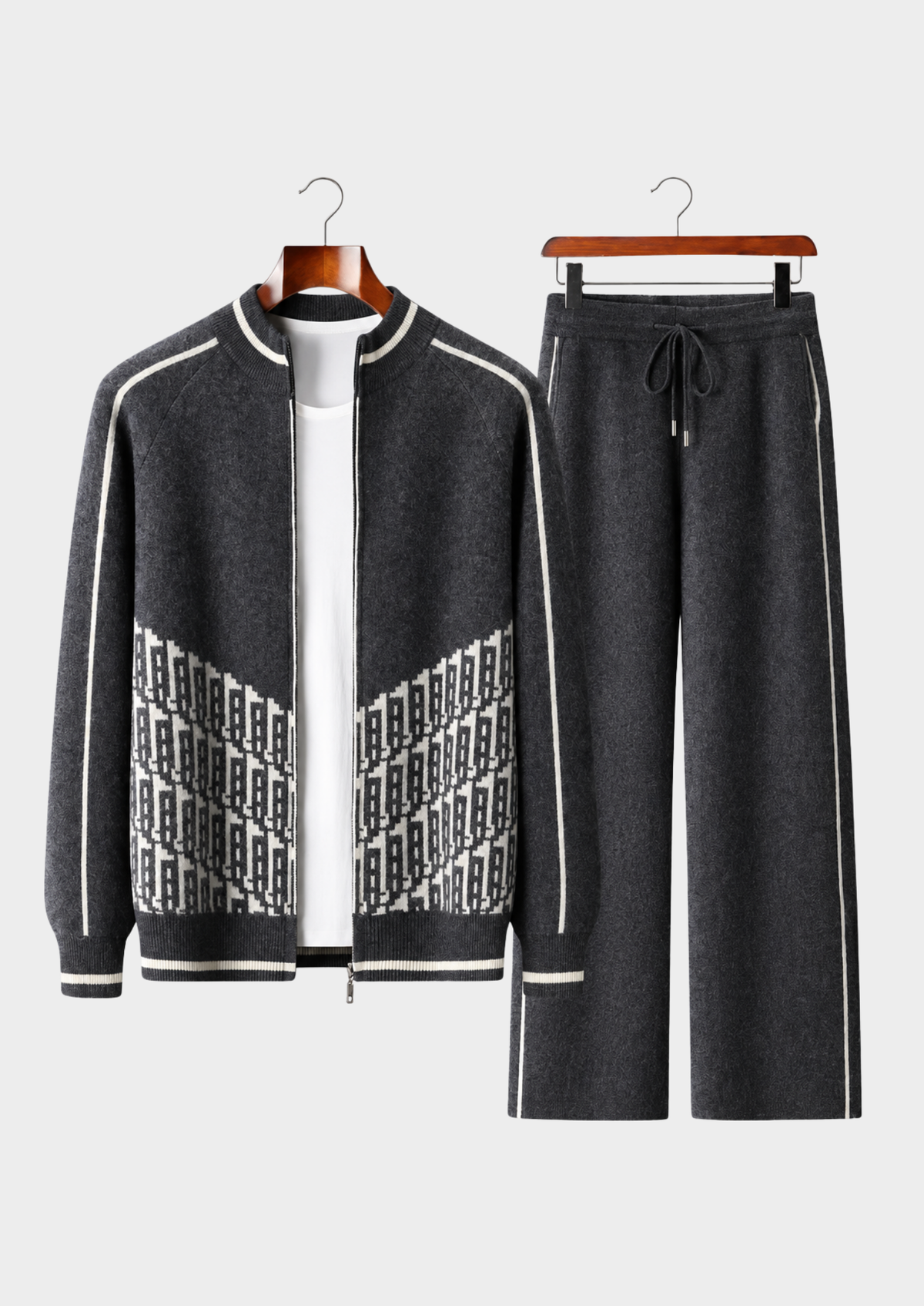 Men's Cashmere Color-Block Crewneck Cardigan and Wide-Leg Pants Set