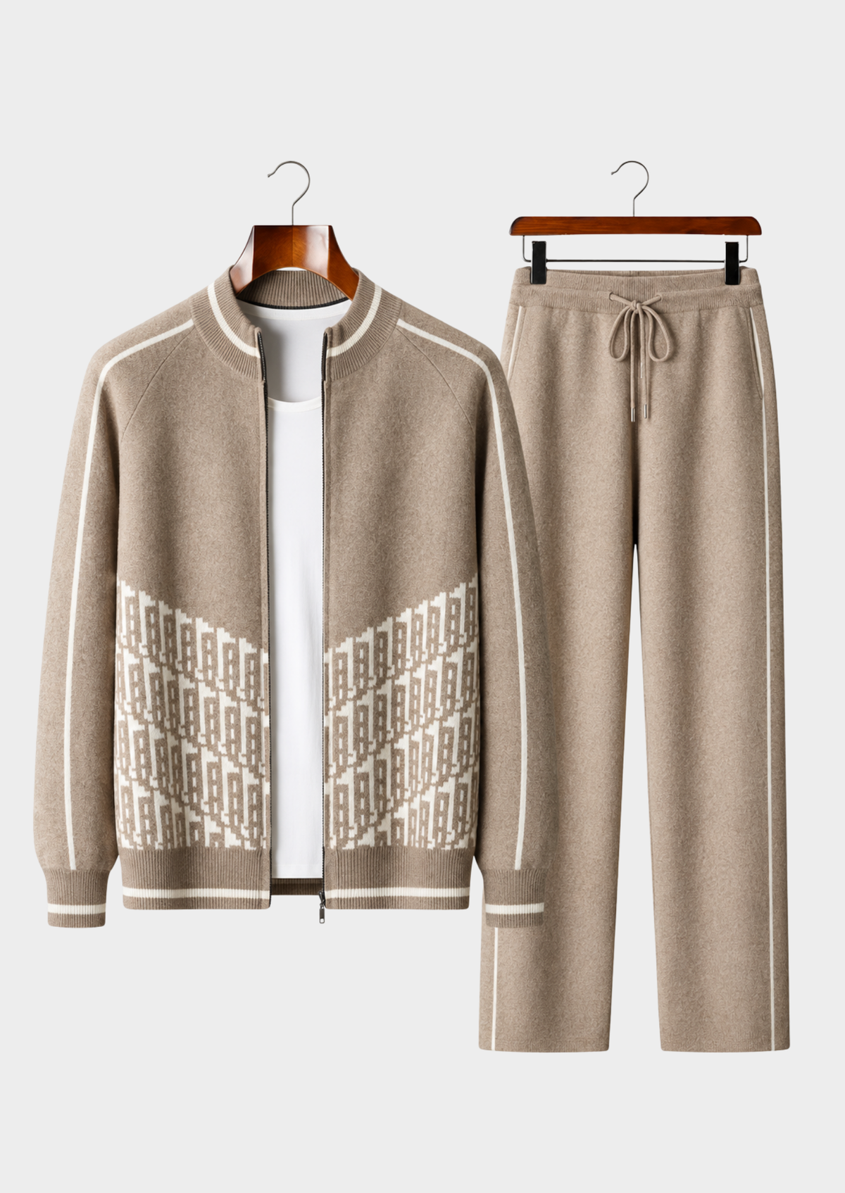 Men's Cashmere Color-Block Crewneck Cardigan and Wide-Leg Pants Set
