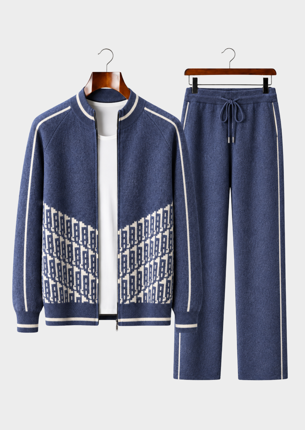 Men's Cashmere Color-Block Crewneck Cardigan and Wide-Leg Pants Set
