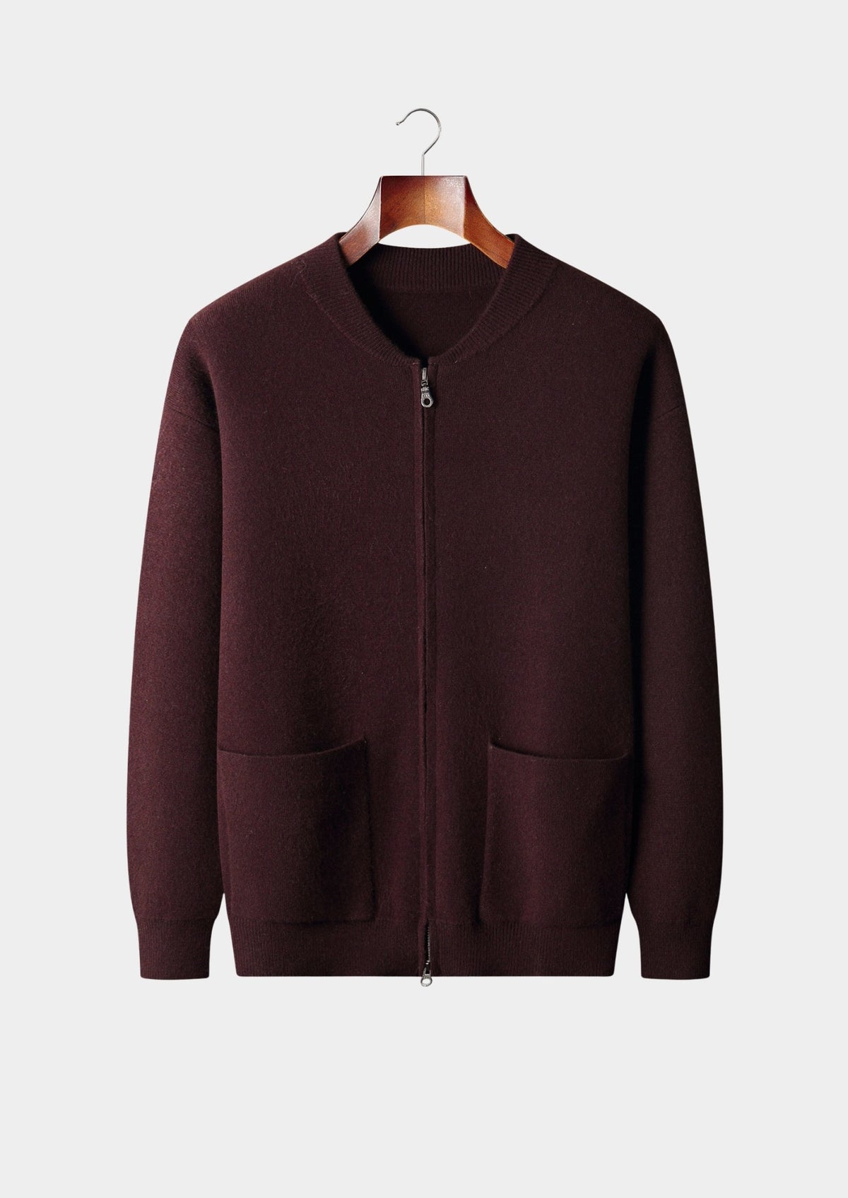 Men's Merino Wool Collarless Zip Cardigan with Patch Pockets