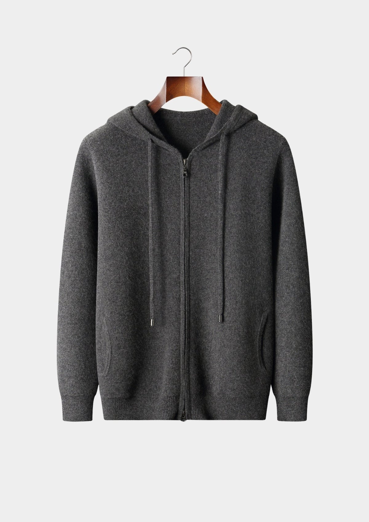 Men's Merino Wool Full-Zip Drawstring Hoodie with Side Pockets
