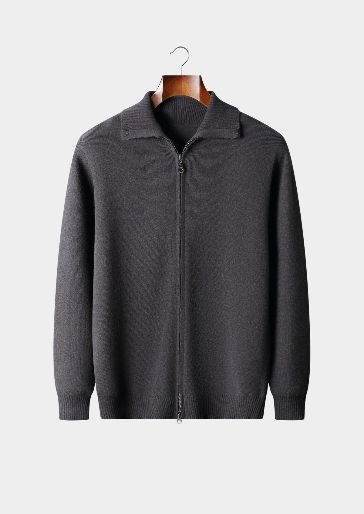 Men's Merino Wool Funnel Neck Full-Zip Cardigan with Ribbed Trim