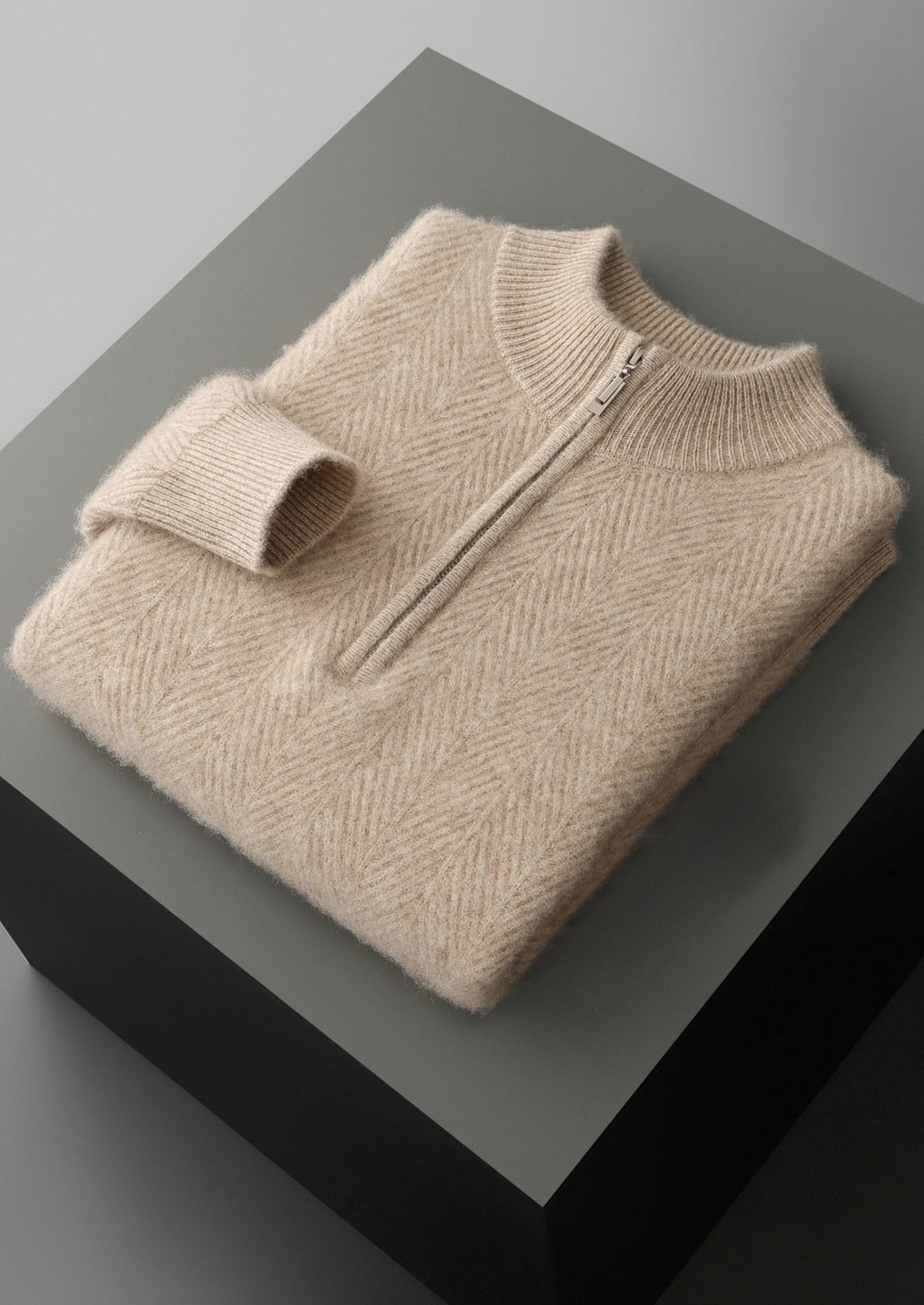 Men's Merino Wool Herringbone Quarter-Zip Sweater