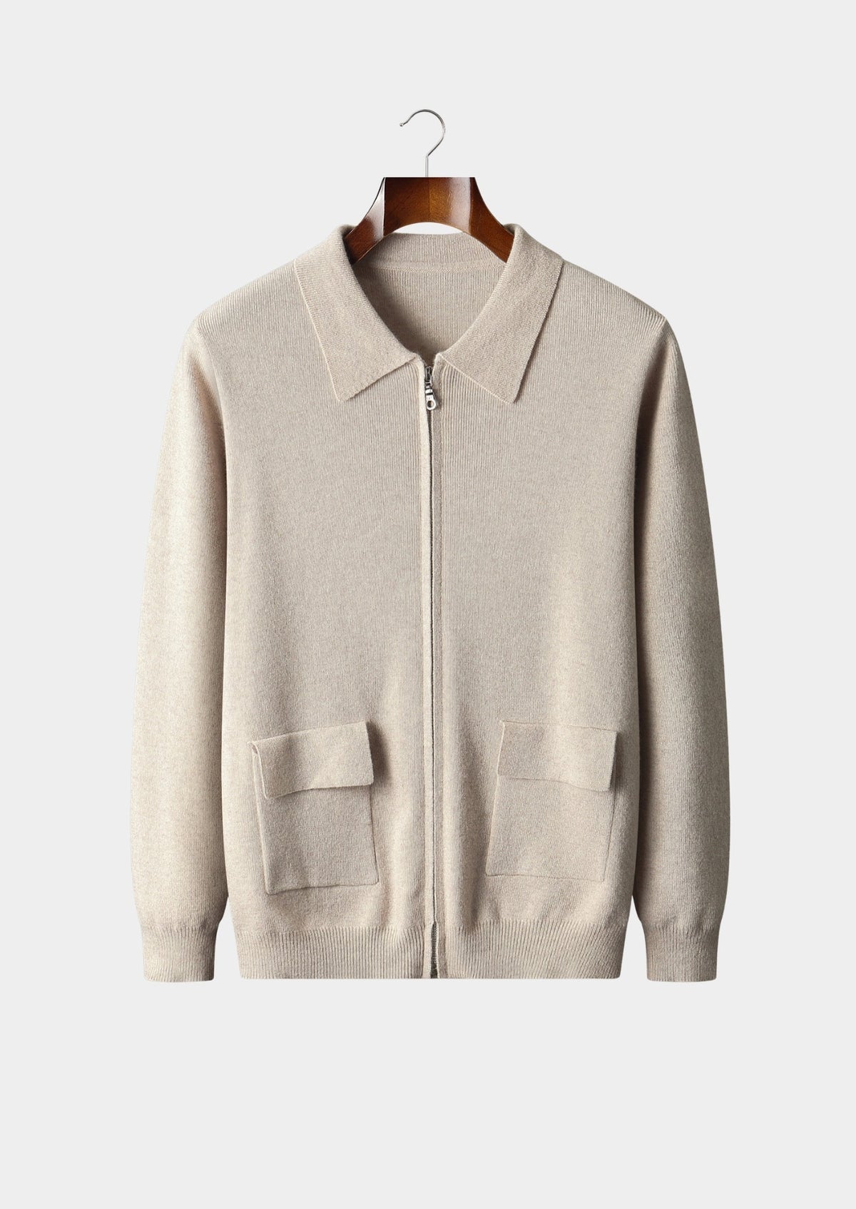 Men's Merino Wool Polo Collar Full-Zip Cardigan with Patch Pockets