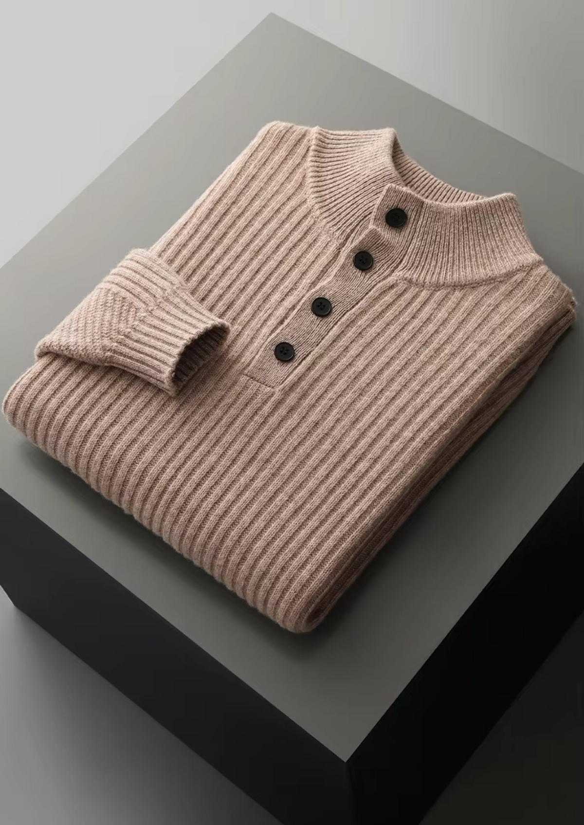 Men's Merino Wool Ribbed Henley Sweater with Button Neck