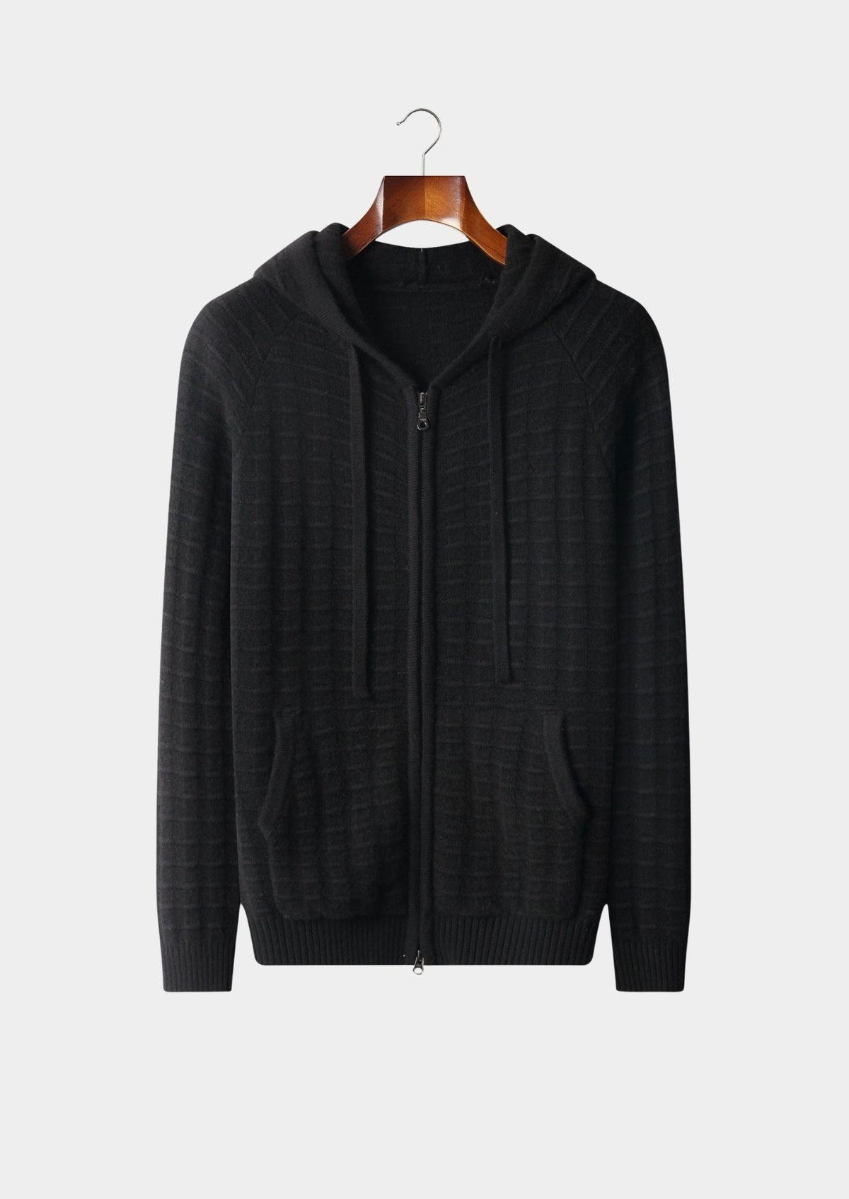 Men's Merino Wool Textured Full-Zip Hoodie Cardigan with Drawcord