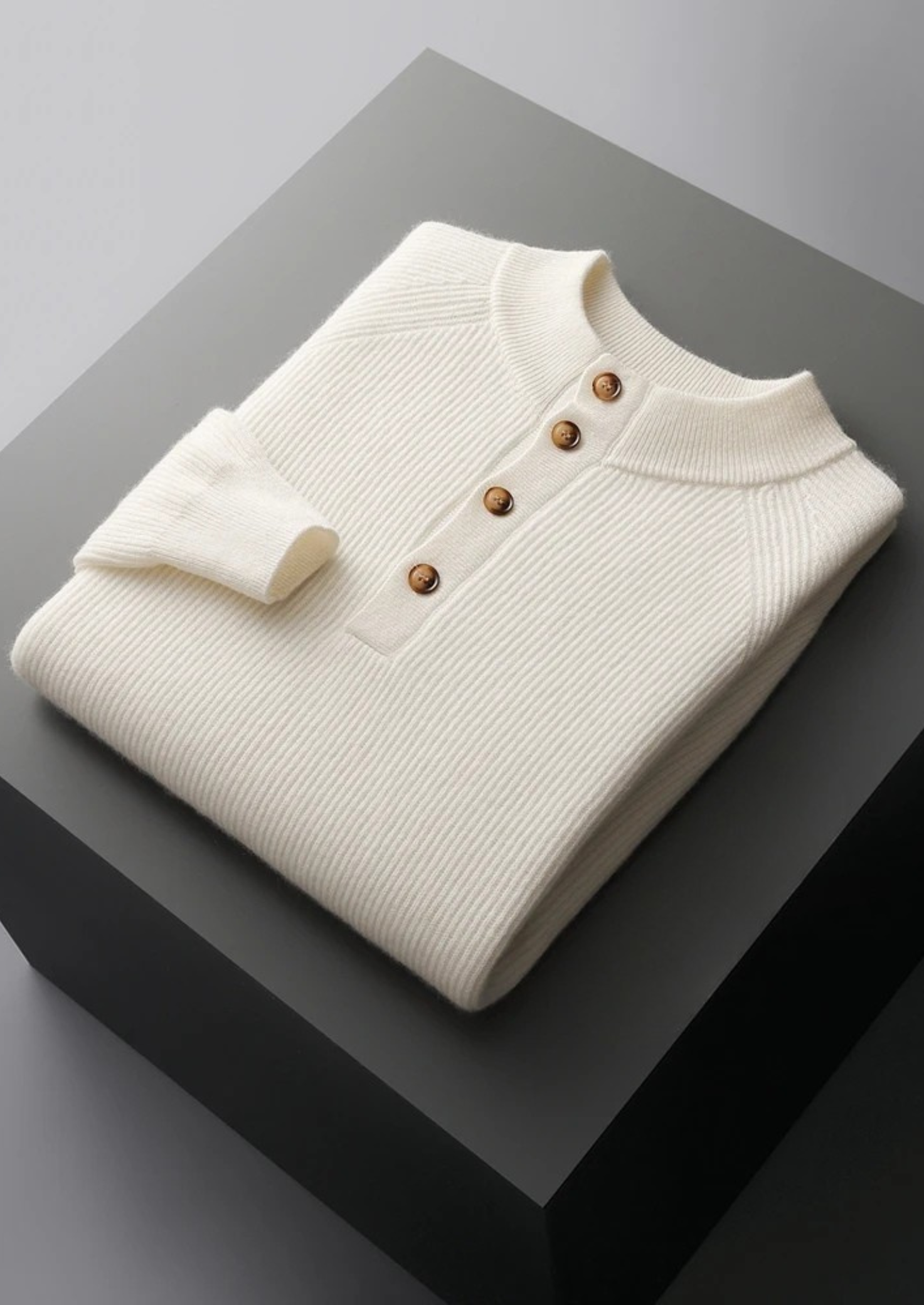 Men’s Cashmere Ribbed Henley Mock Neck Sweater with Buttons