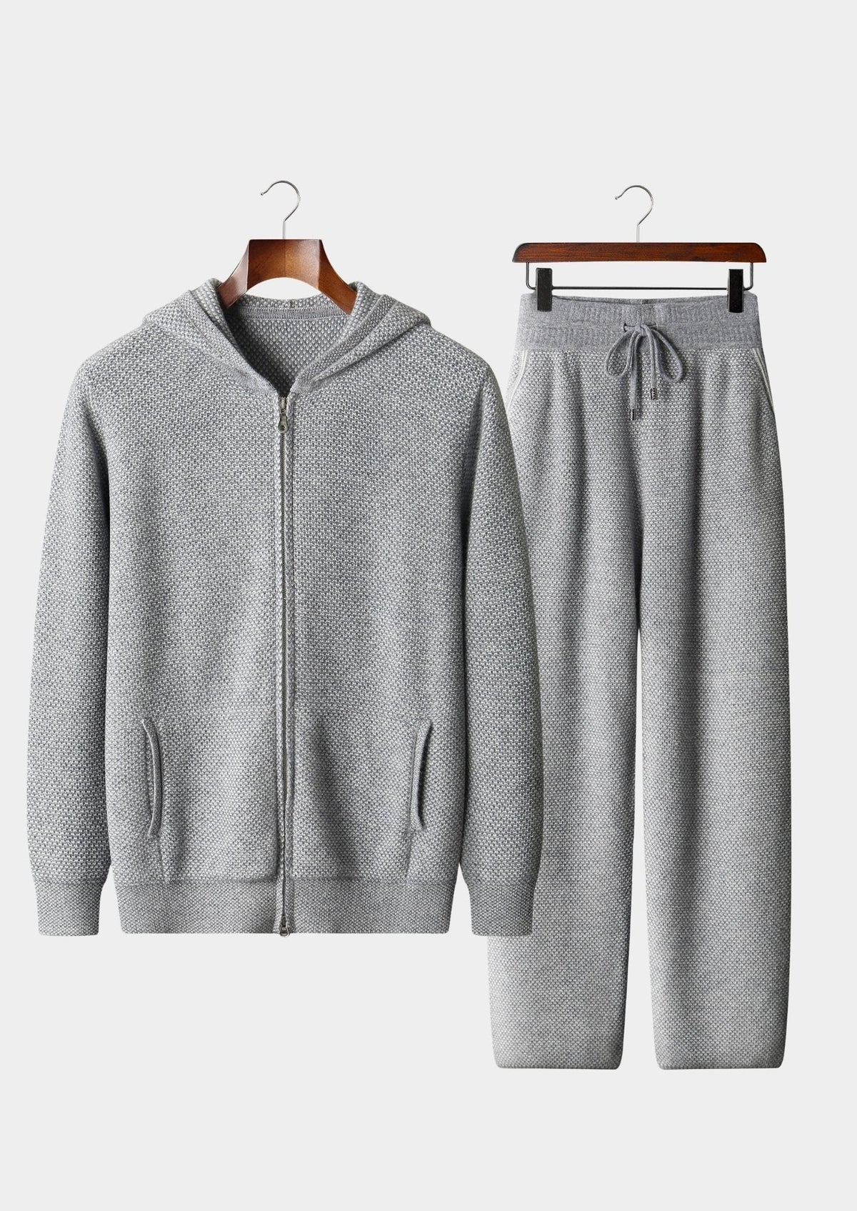 Men’s Wool Knit Hoodie and Pants Set with Jacquard Pattern