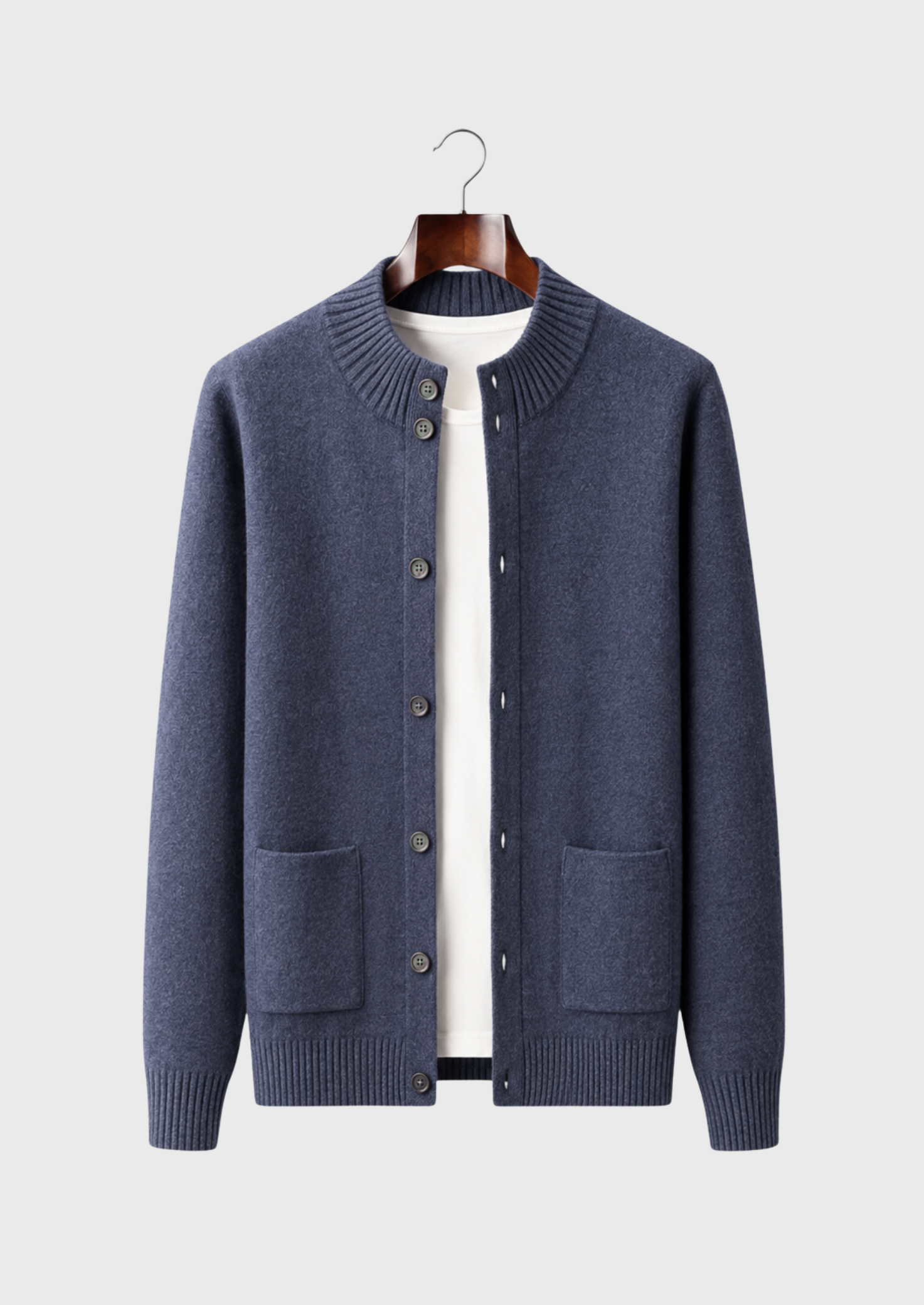Men’s Button-Front Cardigan with Ribbed Stand Collar