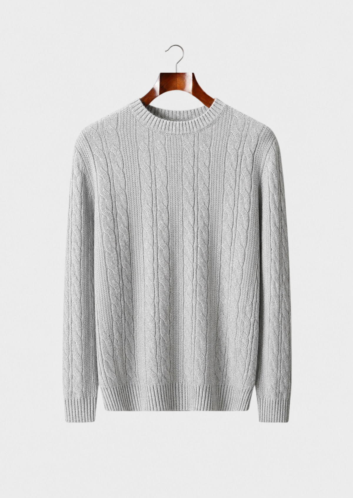 Men’s Merino Wool Cable Knit Crewneck Sweater with Ribbed Trim