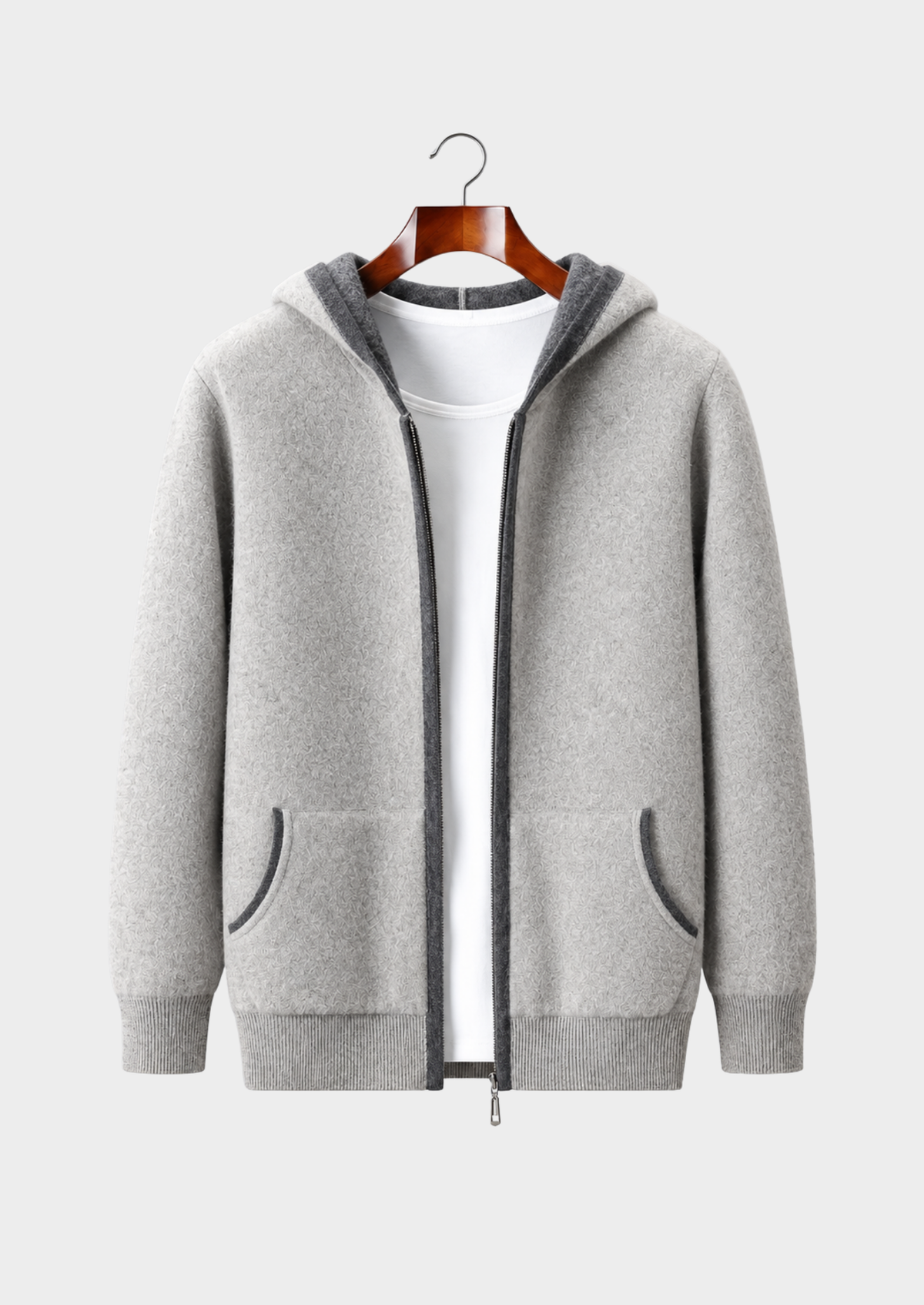 Men's Cashmere Contrast Trim Hooded Zip-Up Cardigan