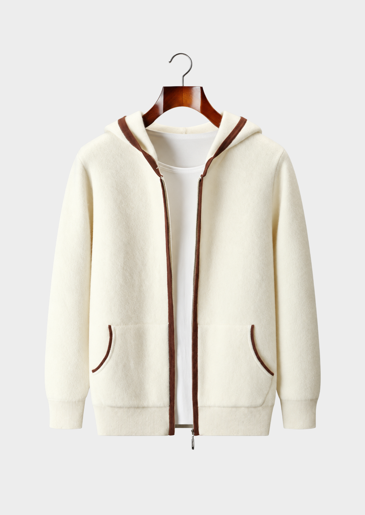 Men's Cashmere Contrast Trim Hooded Zip-Up Cardigan