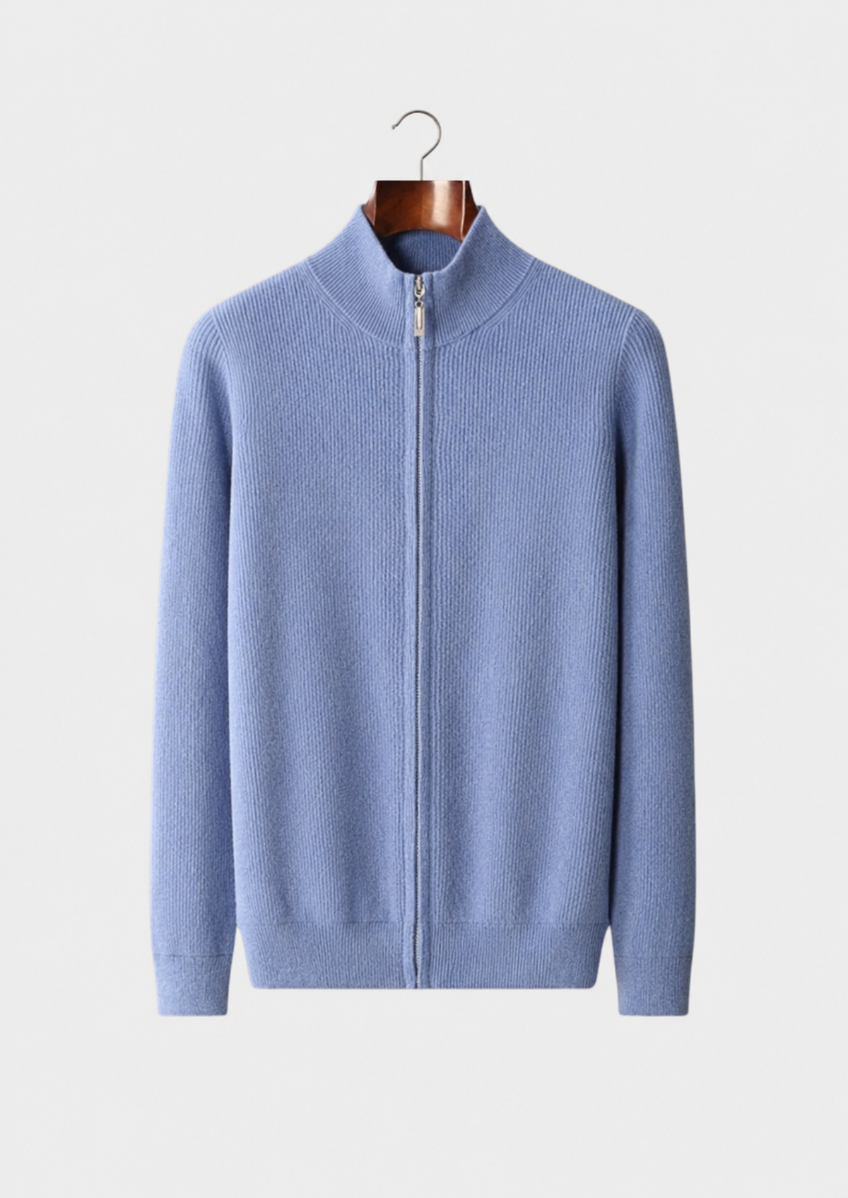 Men’s Merino Wool Full-Zip Ribbed Cardigan with Stand Collar