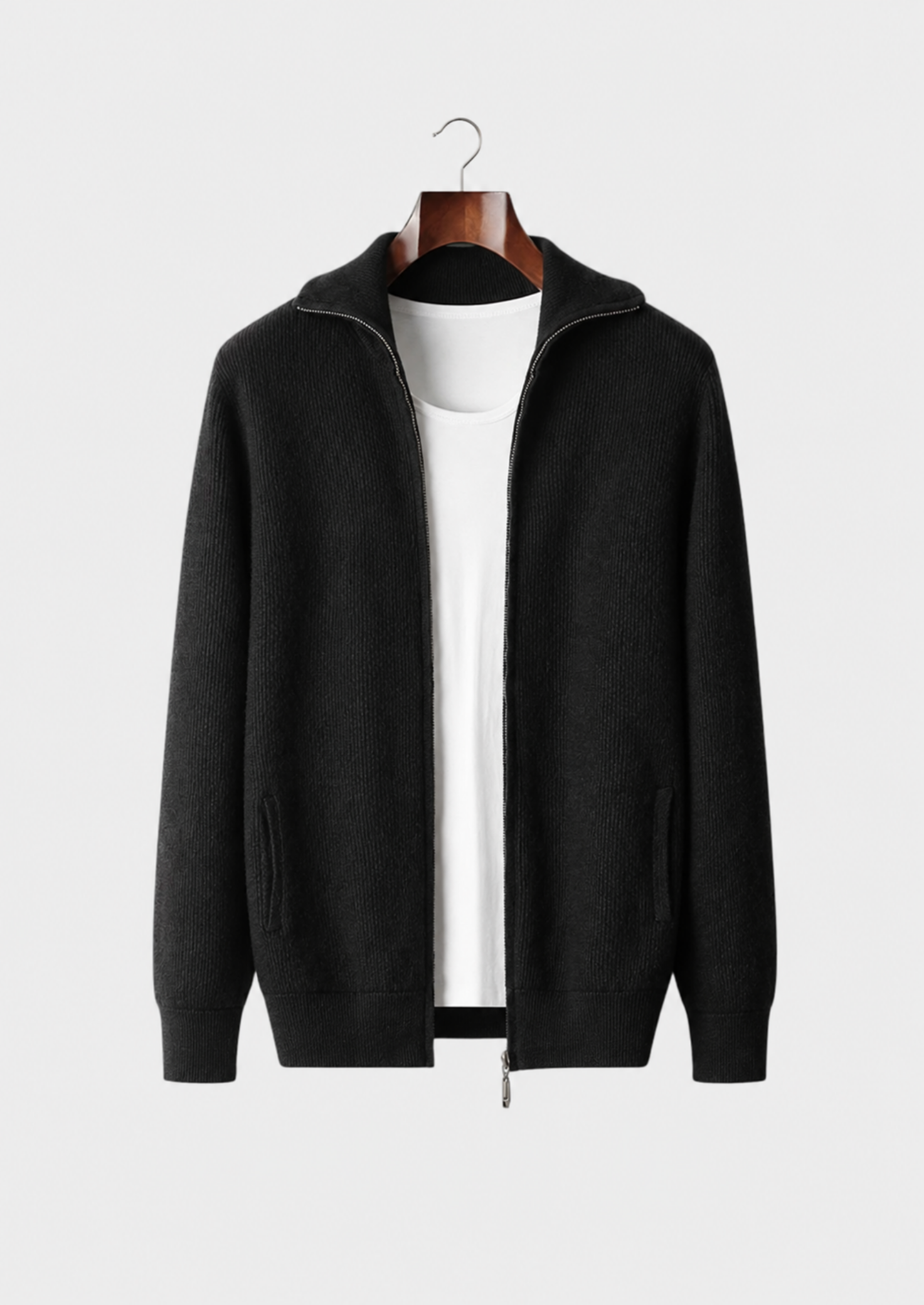 Men’s Ribbed Full-Zip Cardigan with Fold-Down Collar