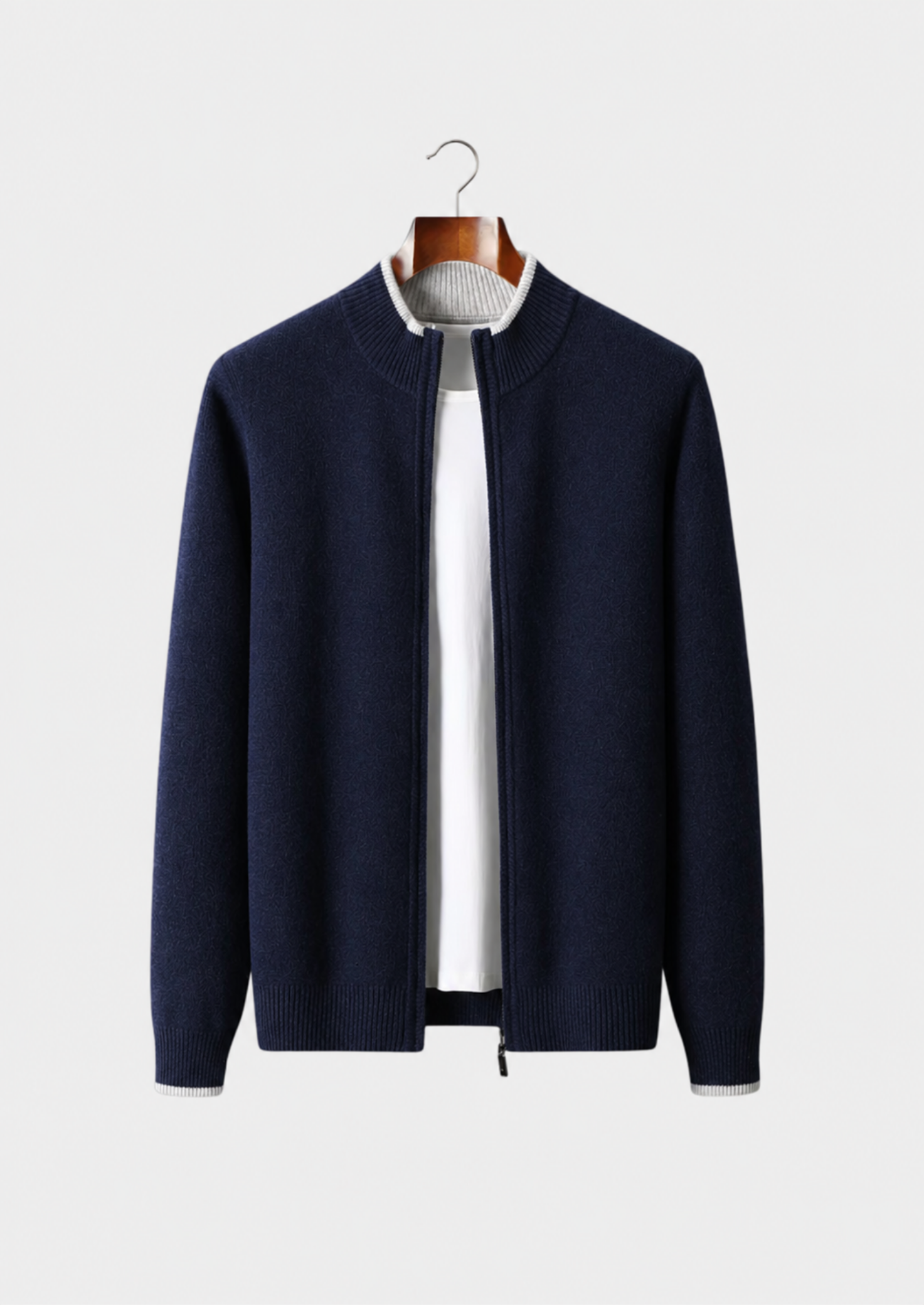 Men’s Zip-Front Cardigan with Contrast Trim