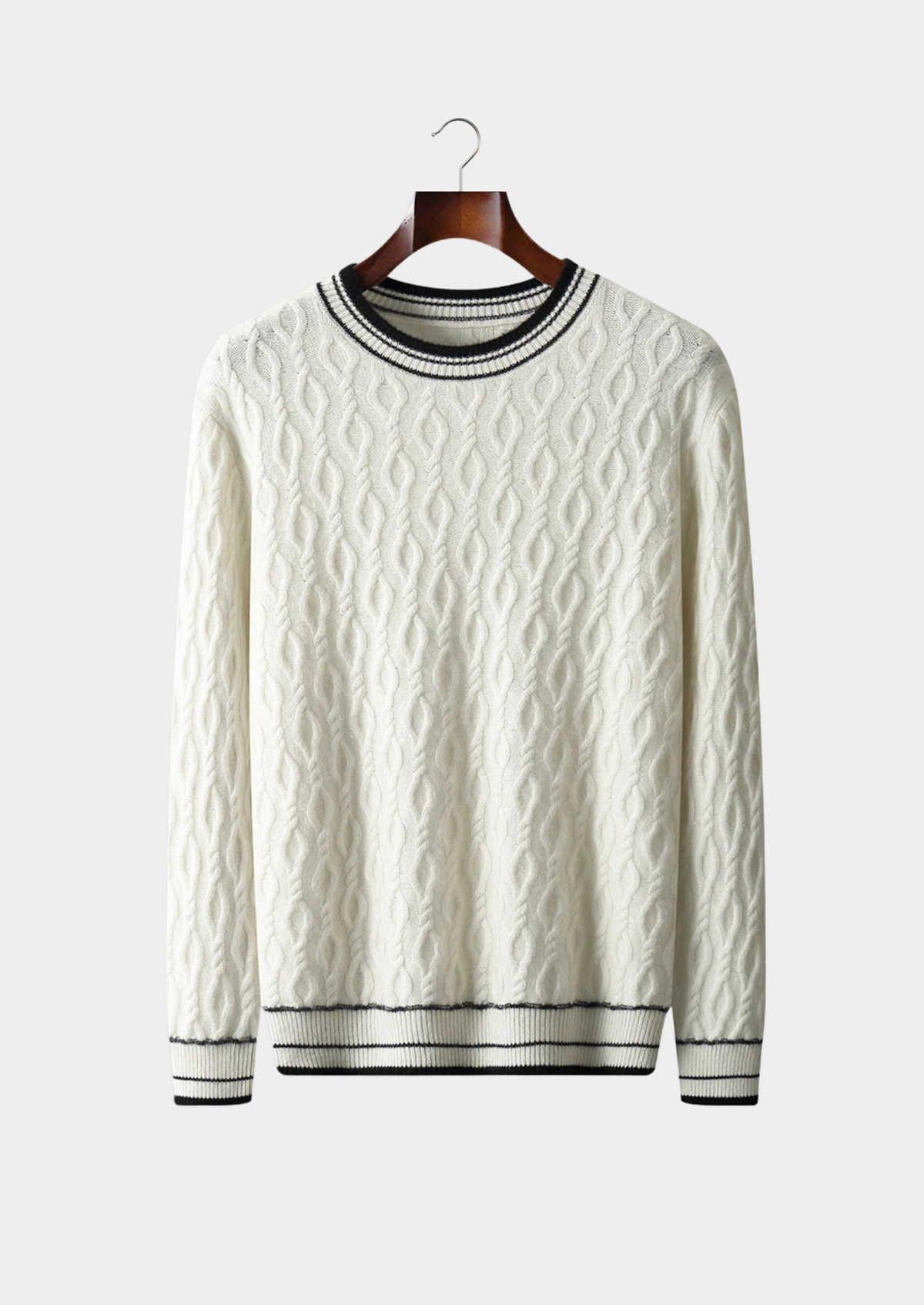 Men’s Wool Cable Knit Crew Neck Sweater with Striped Trim