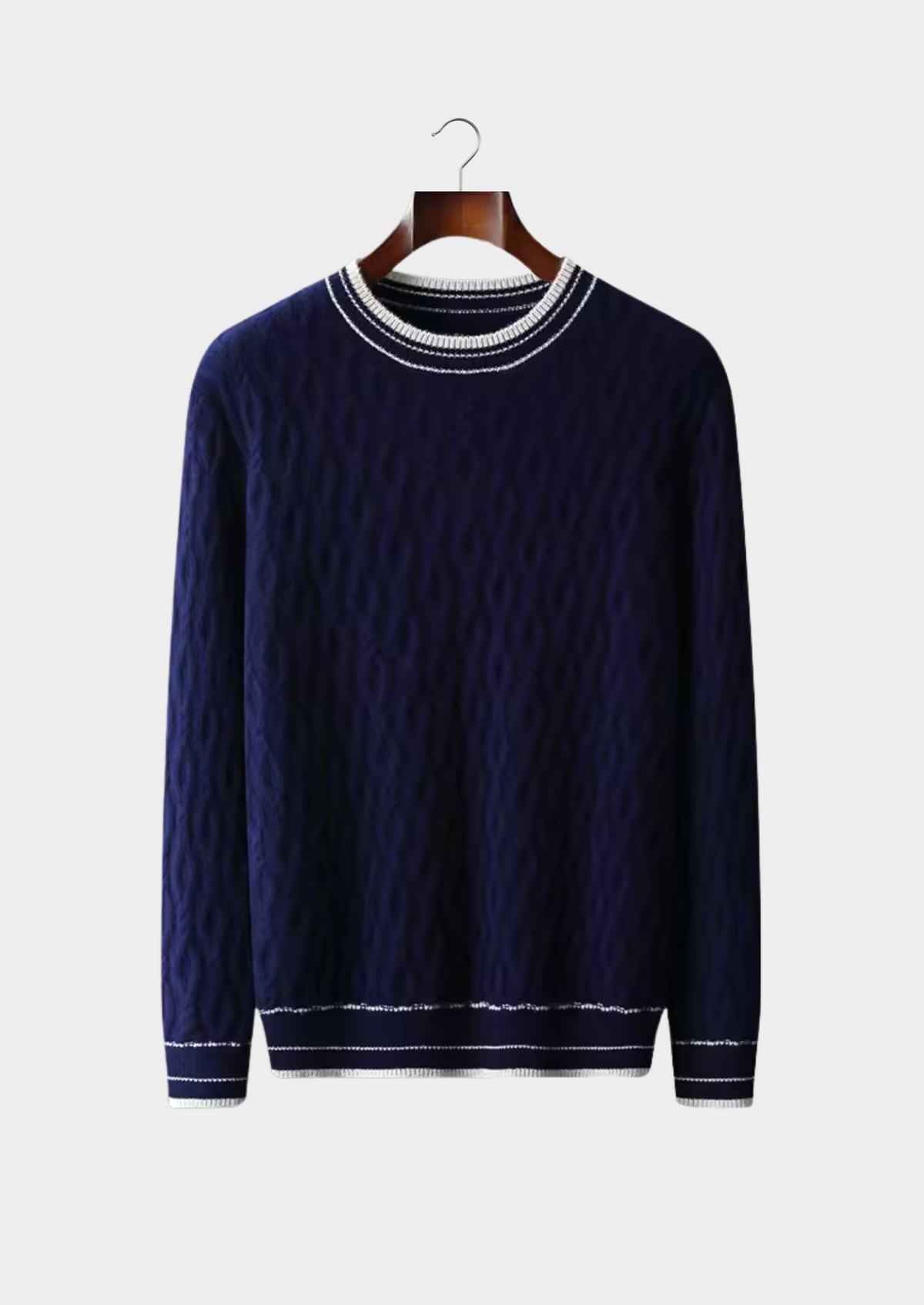 Men’s Wool Cable Knit Crew Neck Sweater with Striped Trim