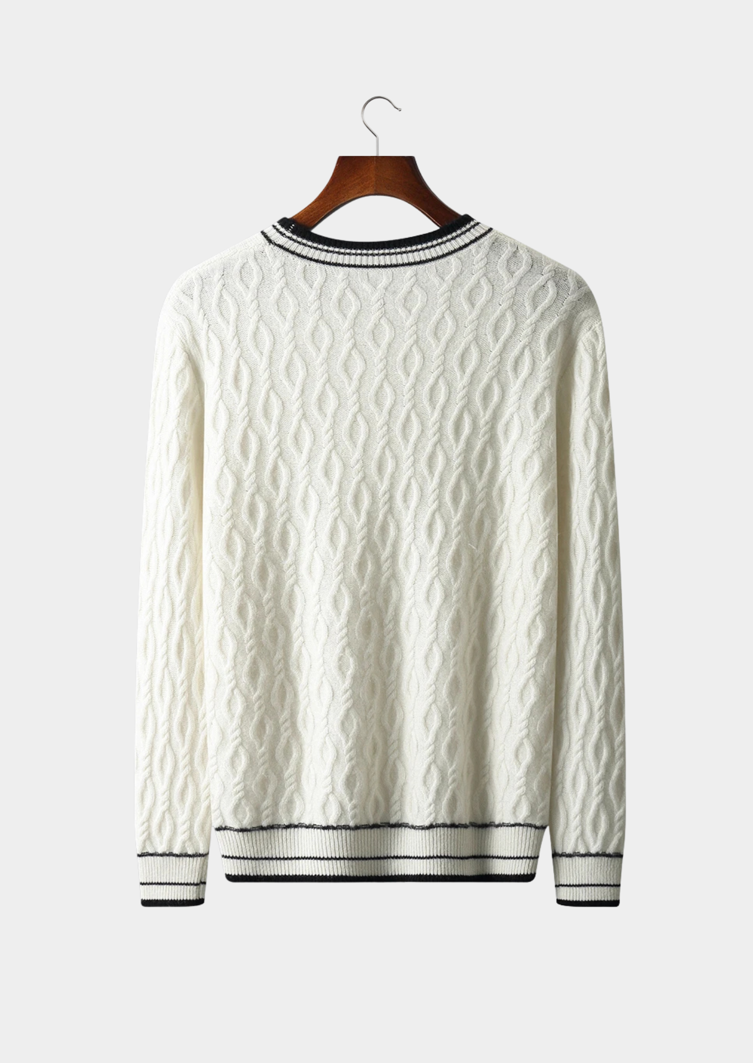Men’s Wool Cable Knit Crew Neck Sweater with Striped Trim