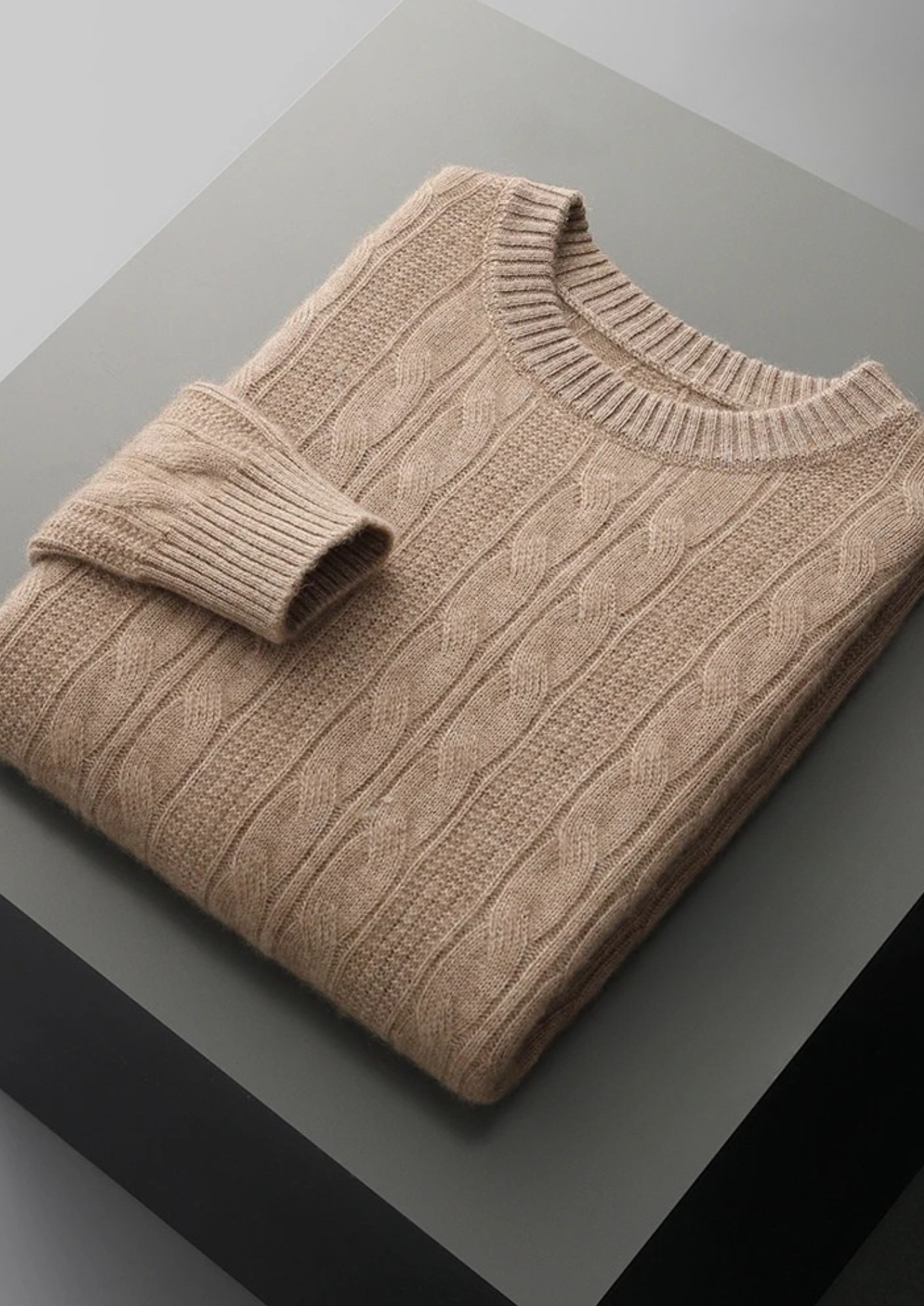 Men’s Merino Wool Cable Knit Crewneck Sweater with Ribbed Trim