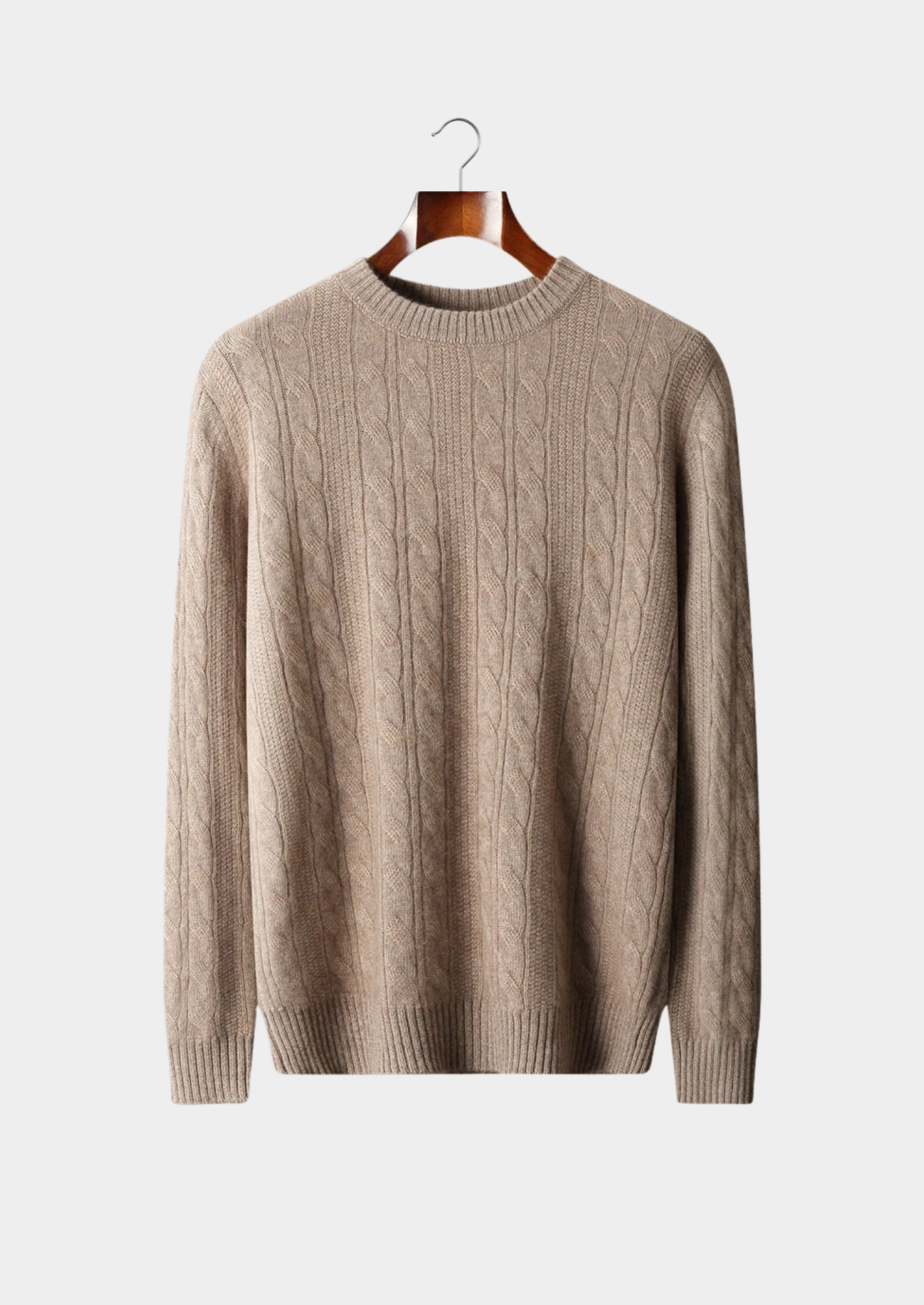 Men’s Merino Wool Cable Knit Crewneck Sweater with Ribbed Trim