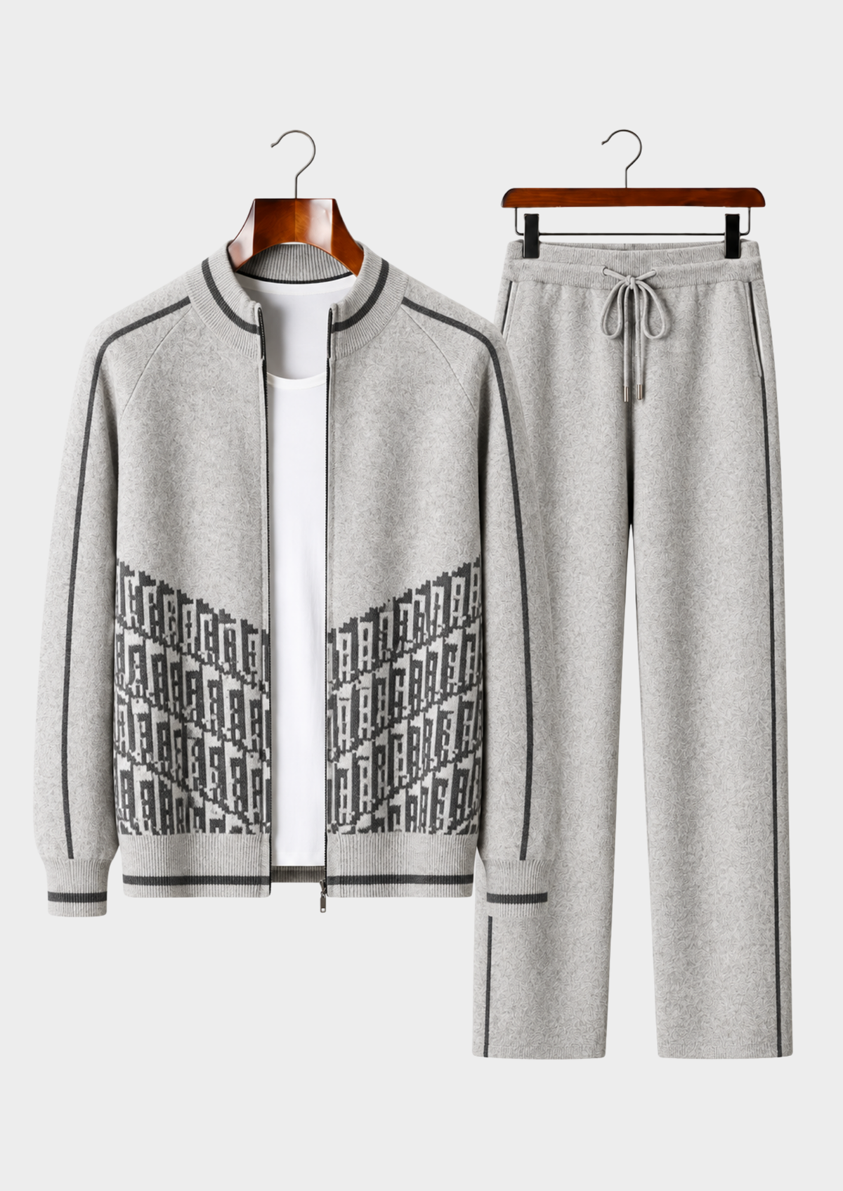 Men's Cashmere Color-Block Crewneck Cardigan and Wide-Leg Pants Set