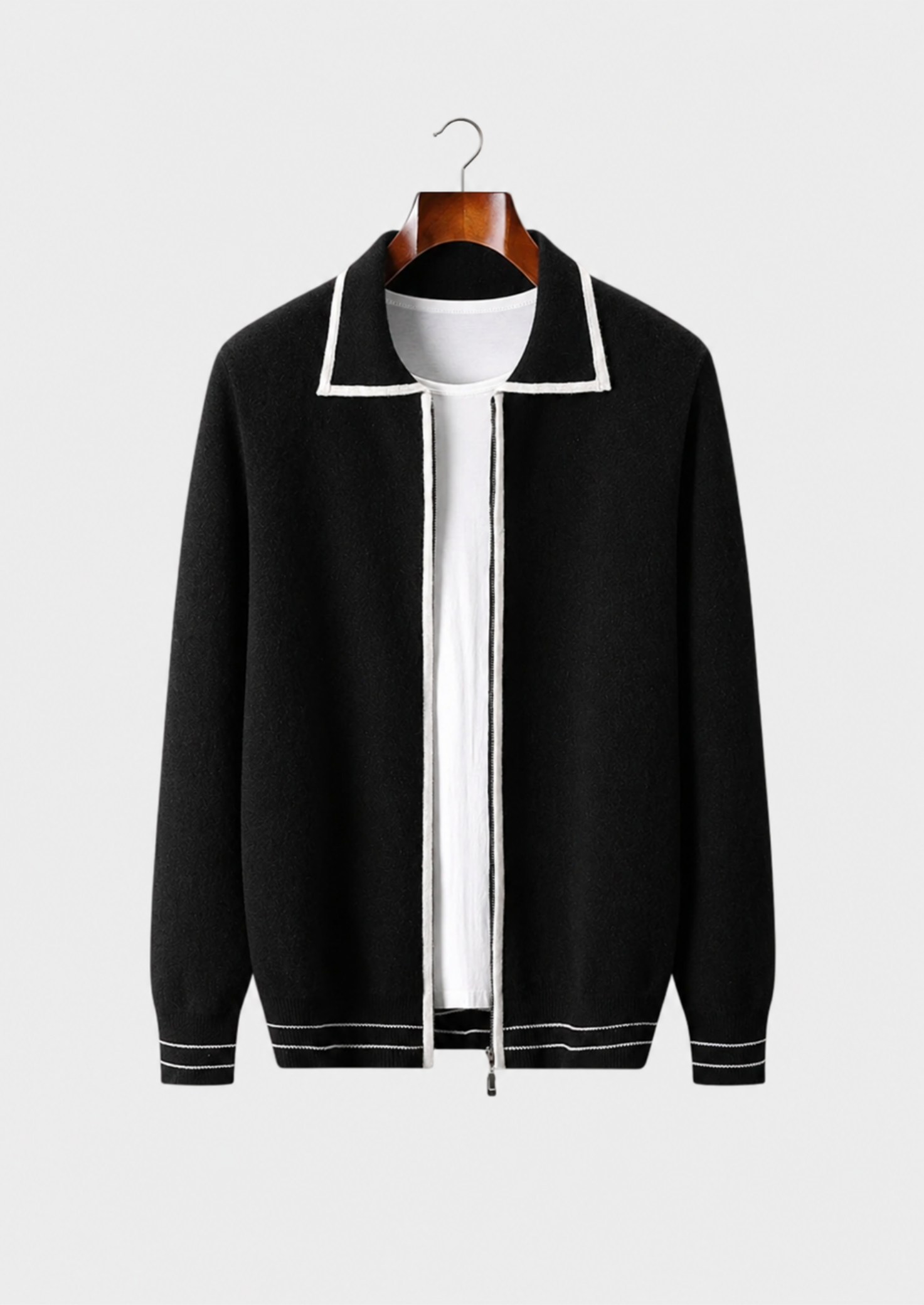 Men’s Contrast-Edge Collared Cardigan with Full Zipper