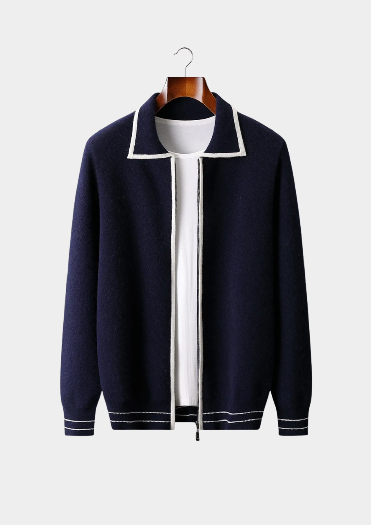 Men’s Contrast-Edge Collared Cardigan with Full Zipper