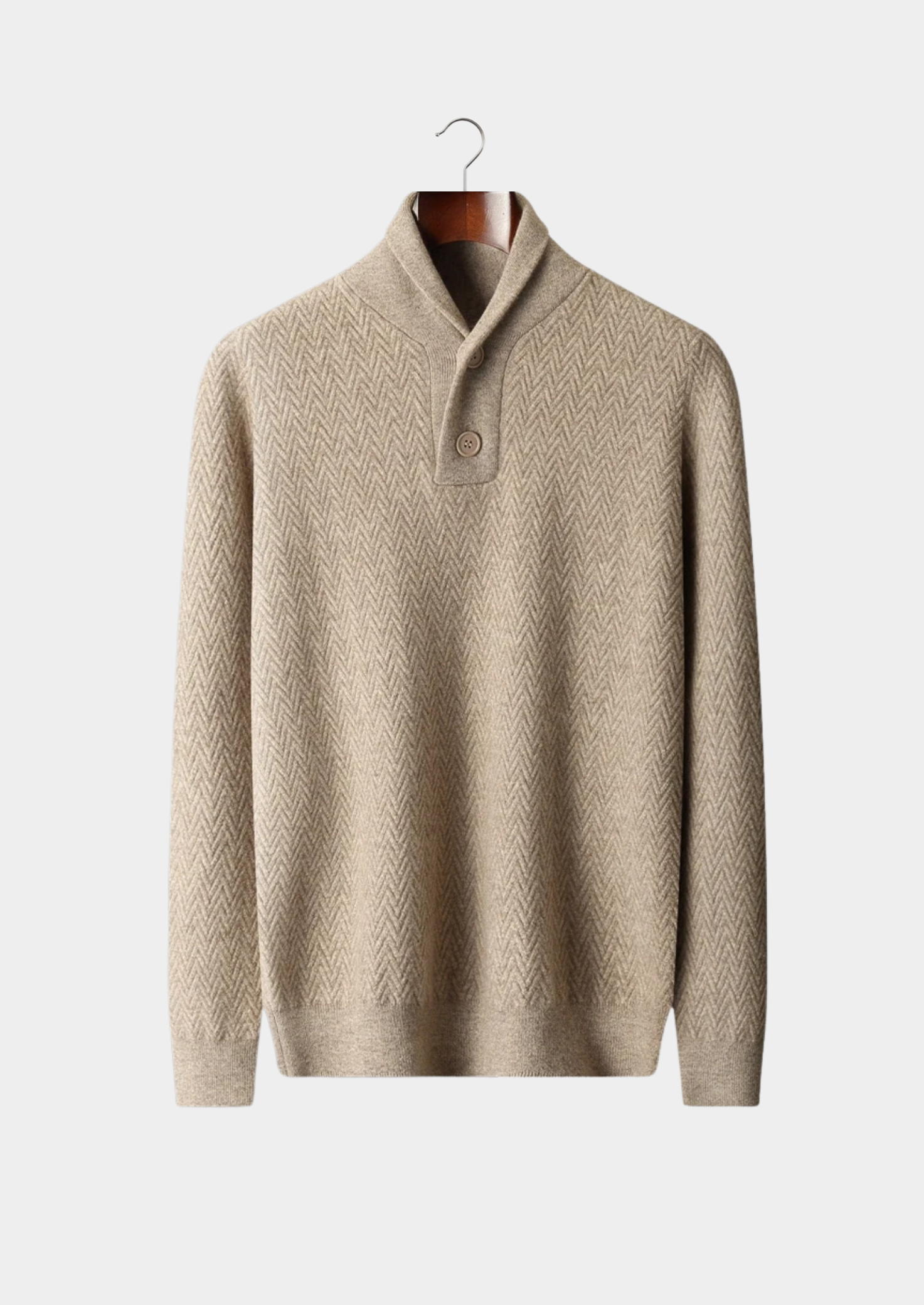 Men’s Cashmere Herringbone Knit Shawl Collar Sweater with Buttons