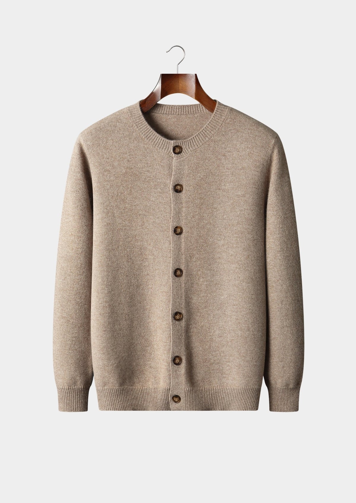 Men's Merino Wool Button-Front Cardigan with Round Neckline