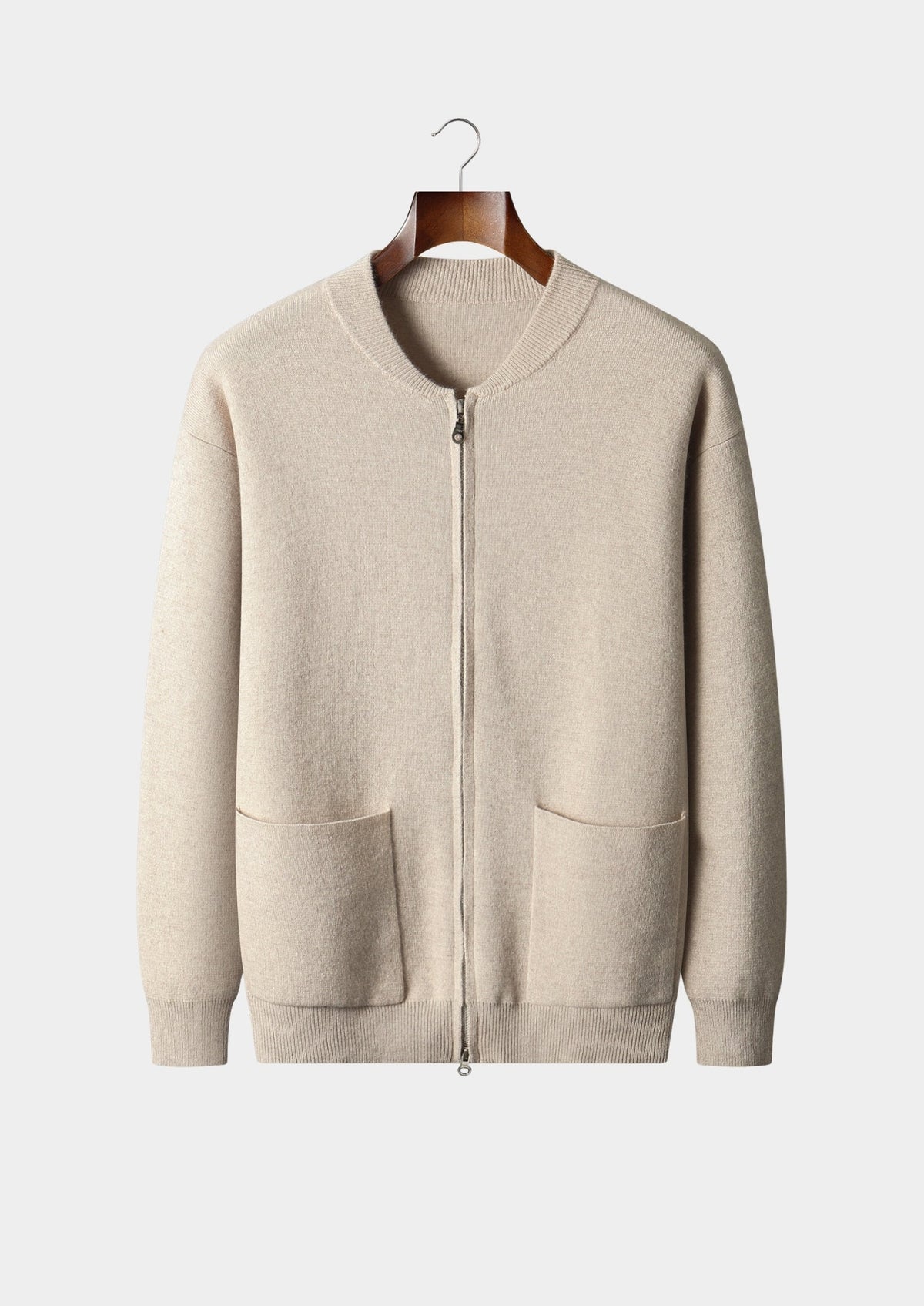 Men's Merino Wool Collarless Zip Cardigan with Patch Pockets