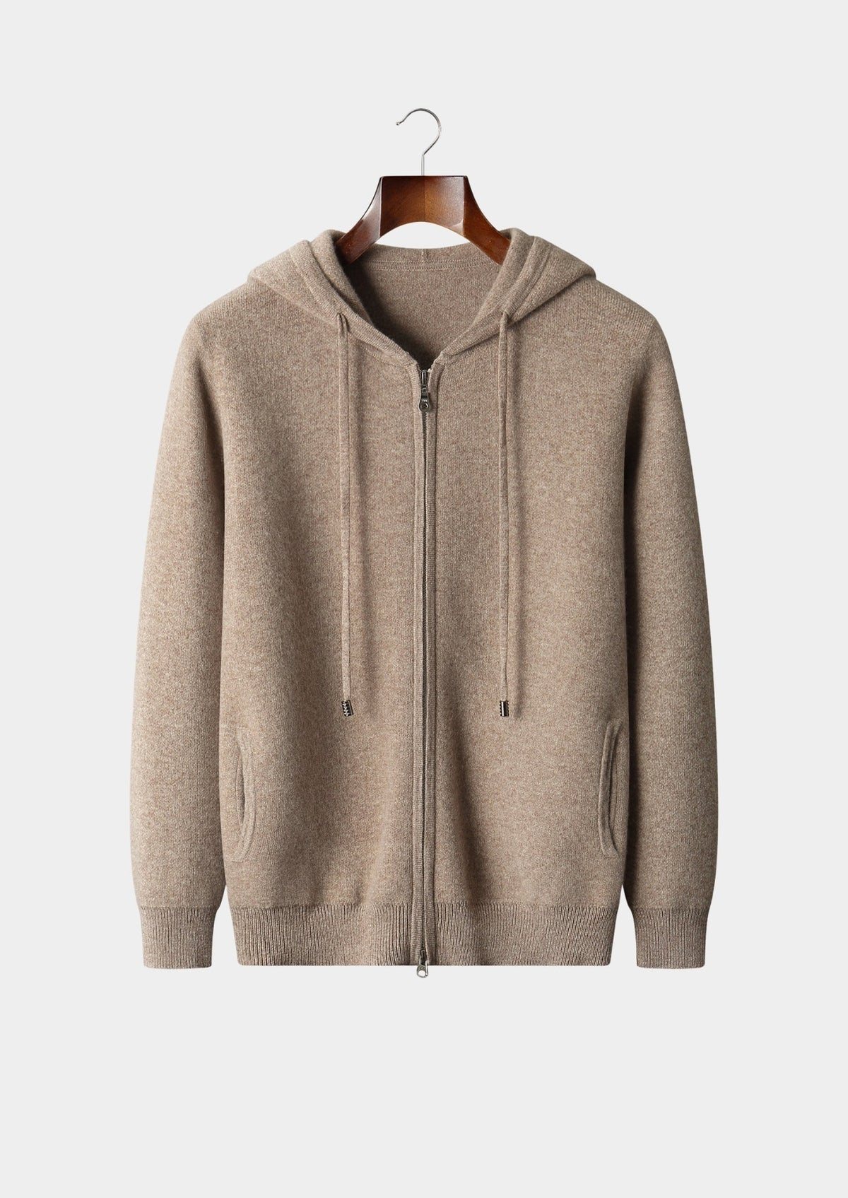 Men's Merino Wool Full-Zip Drawstring Hoodie with Side Pockets