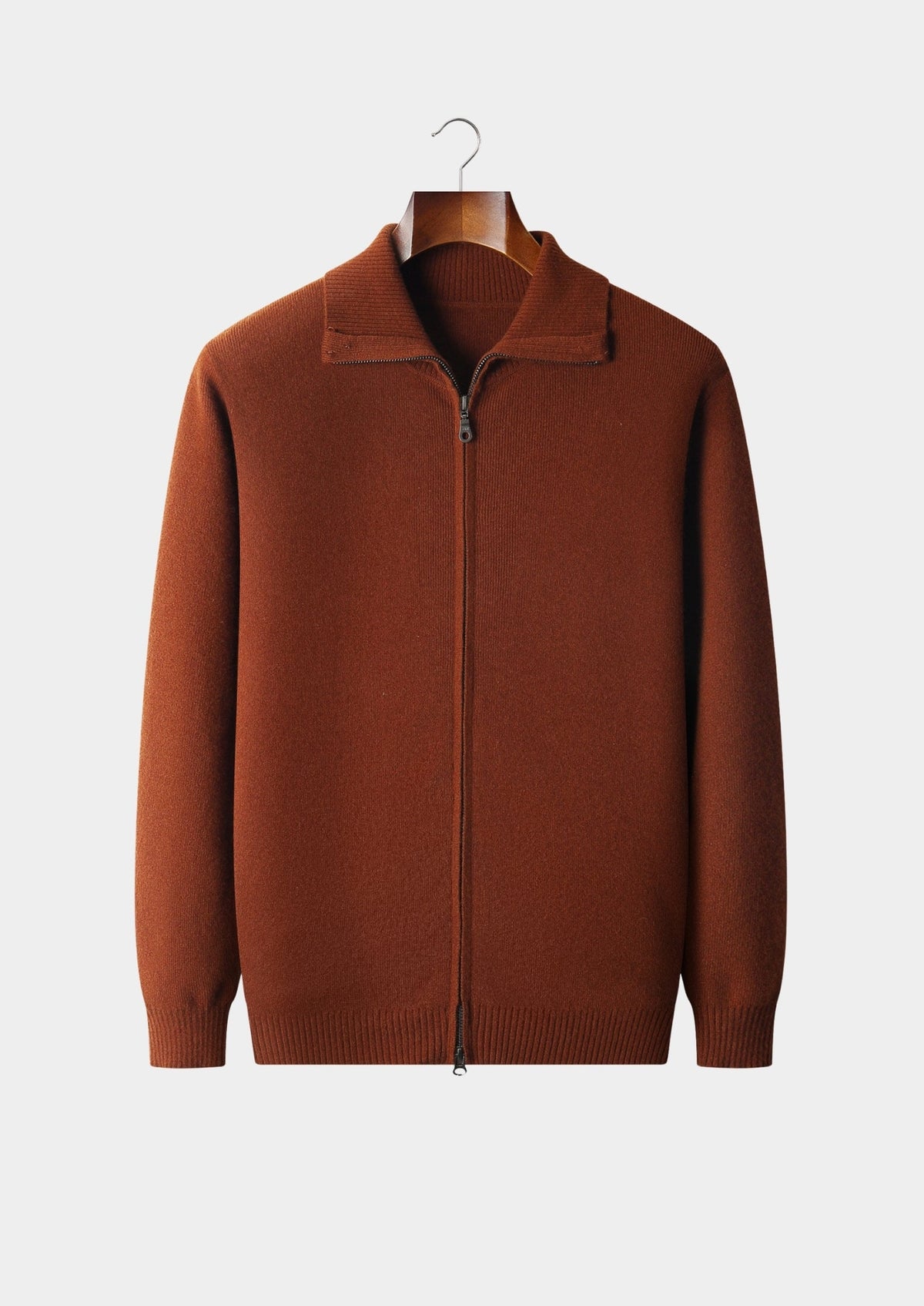 Men's Merino Wool Funnel Neck Full-Zip Cardigan with Ribbed Trim