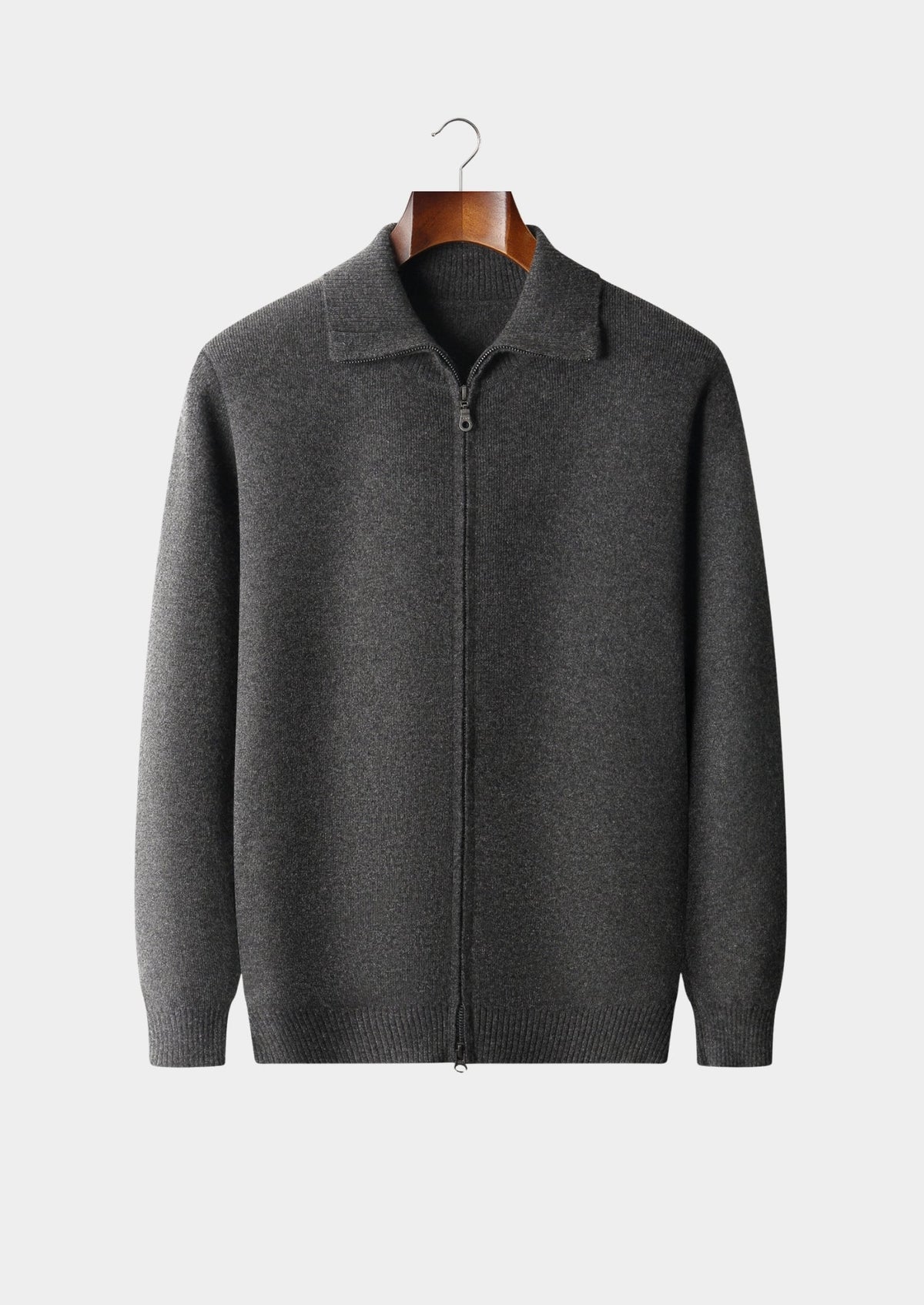 Men's Merino Wool Funnel Neck Full-Zip Cardigan with Ribbed Trim