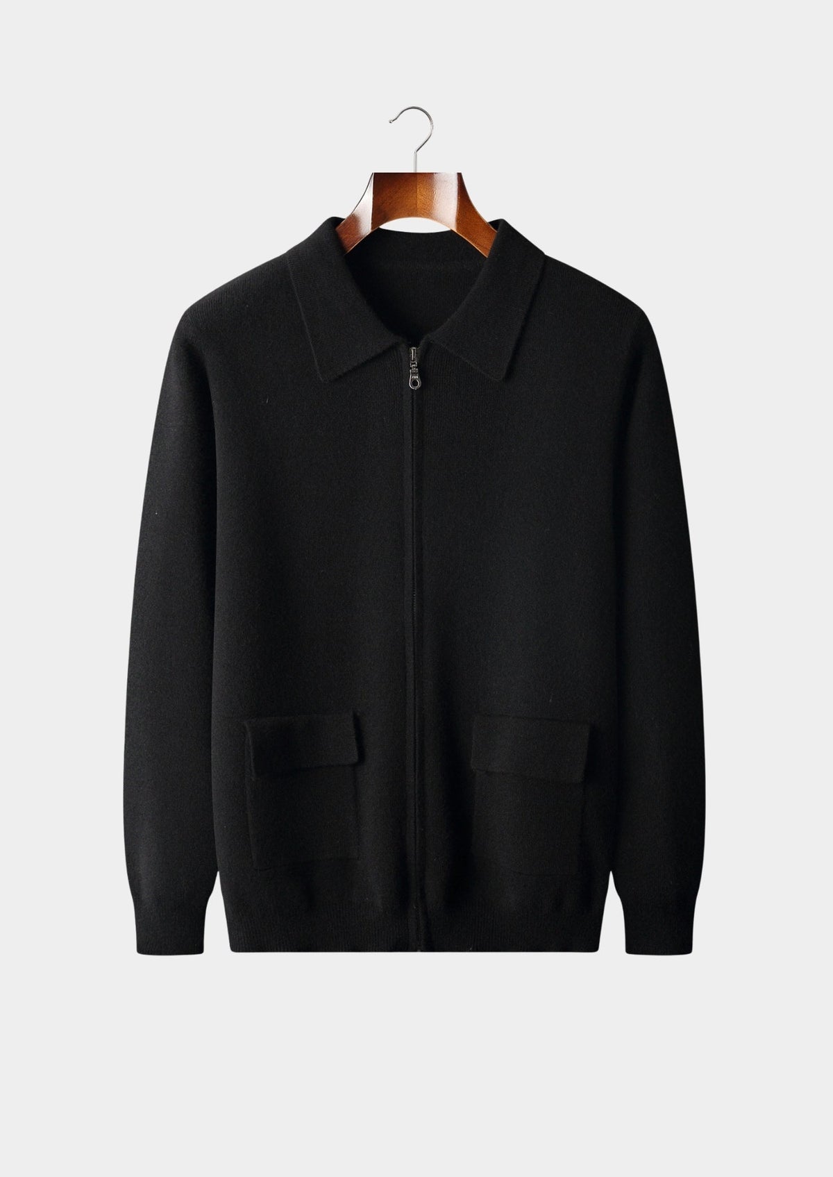 Men's Merino Wool Polo Collar Full-Zip Cardigan with Patch Pockets