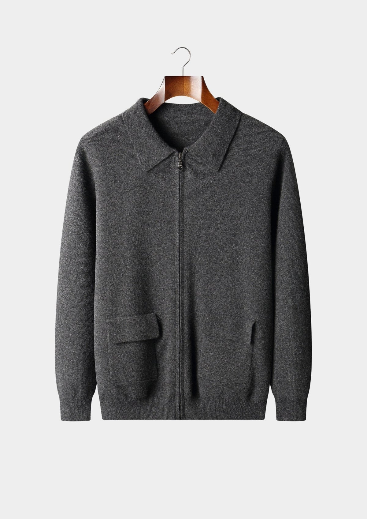 Men's Merino Wool Polo Collar Full-Zip Cardigan with Patch Pockets