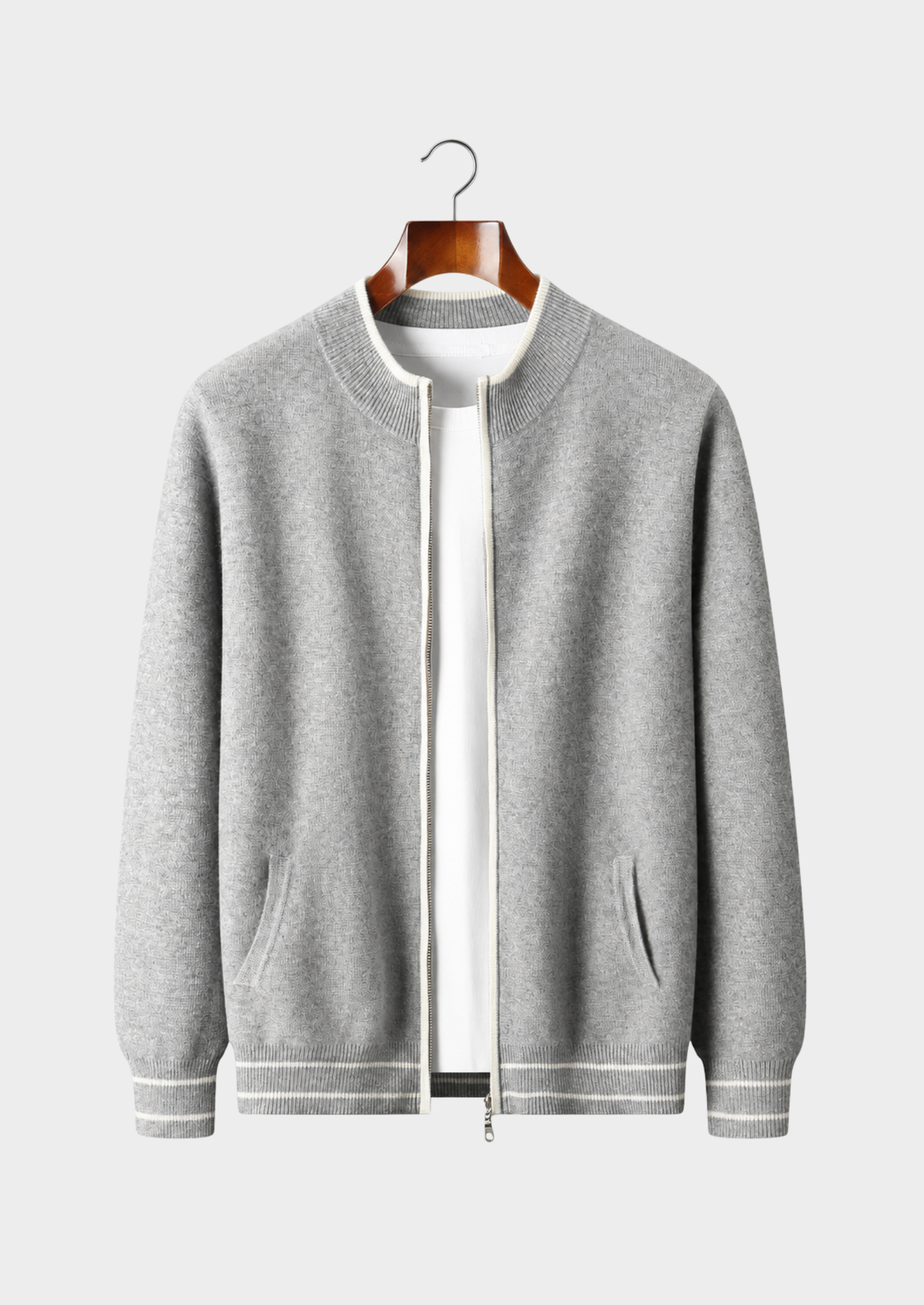 Men's Merino Wool Round-Neck Zip-Up Cardigan