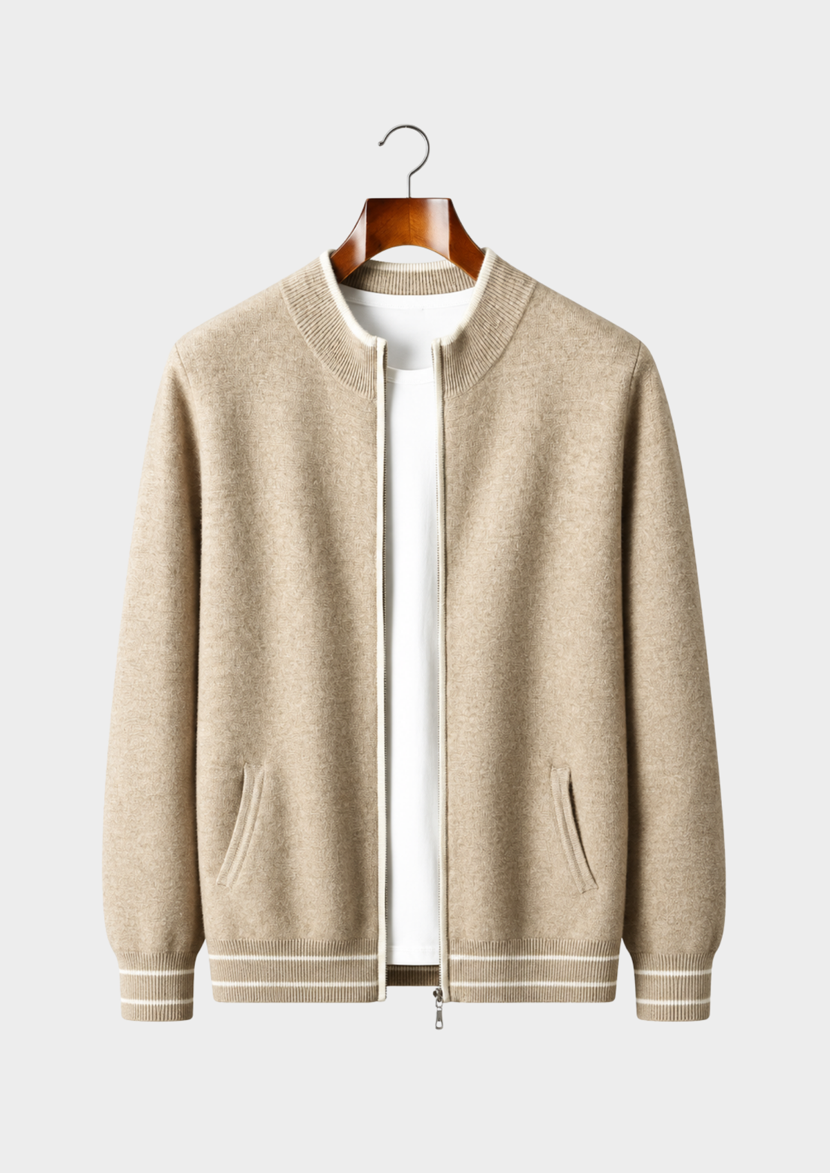 Men's Merino Wool Round-Neck Zip-Up Cardigan