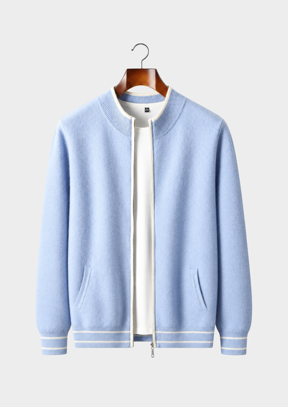 Men's Merino Wool Round-Neck Zip-Up Cardigan
