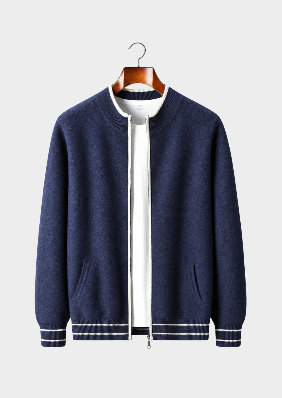Men's Merino Wool Round-Neck Zip-Up Cardigan