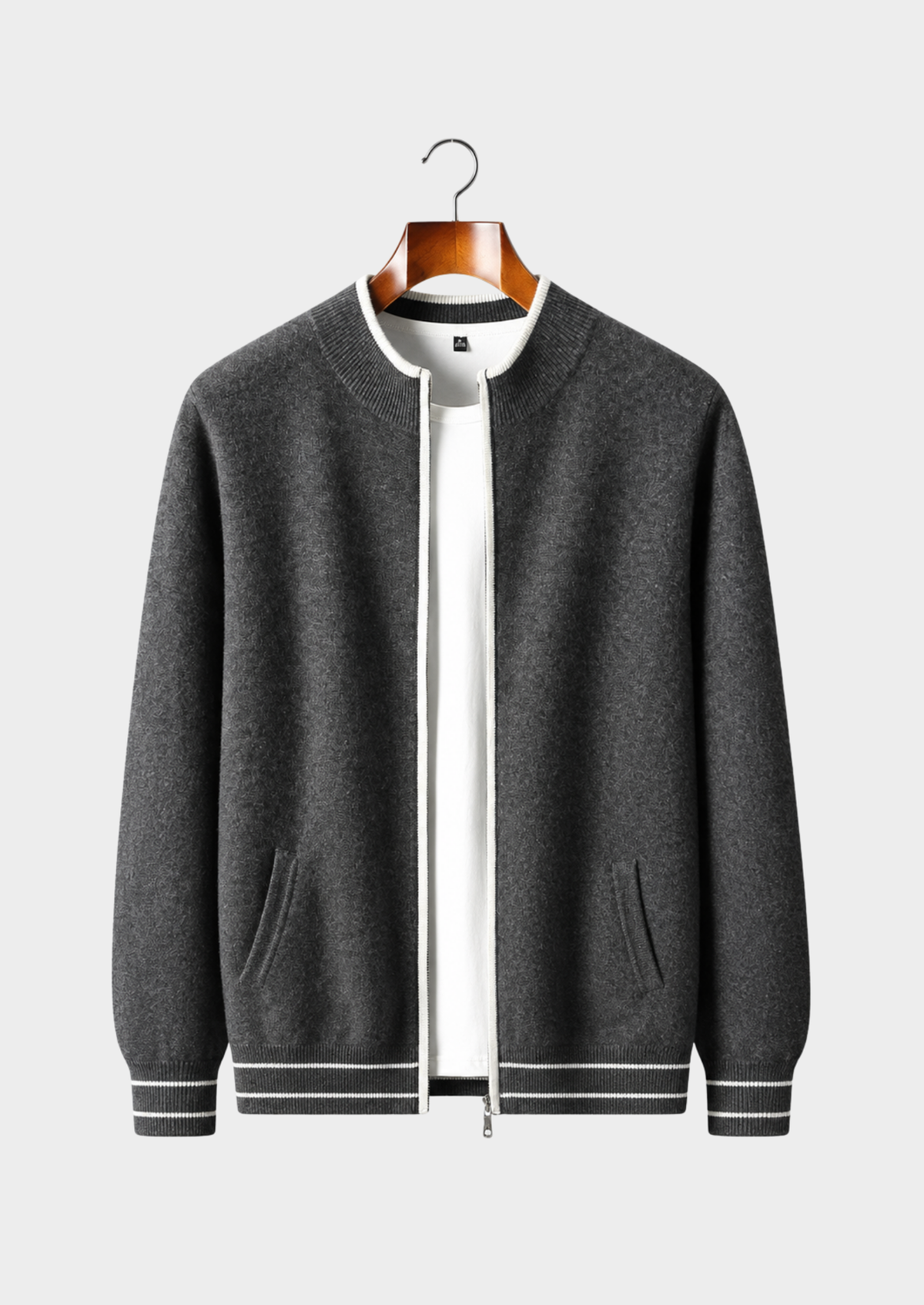 Men's Merino Wool Round-Neck Zip-Up Cardigan