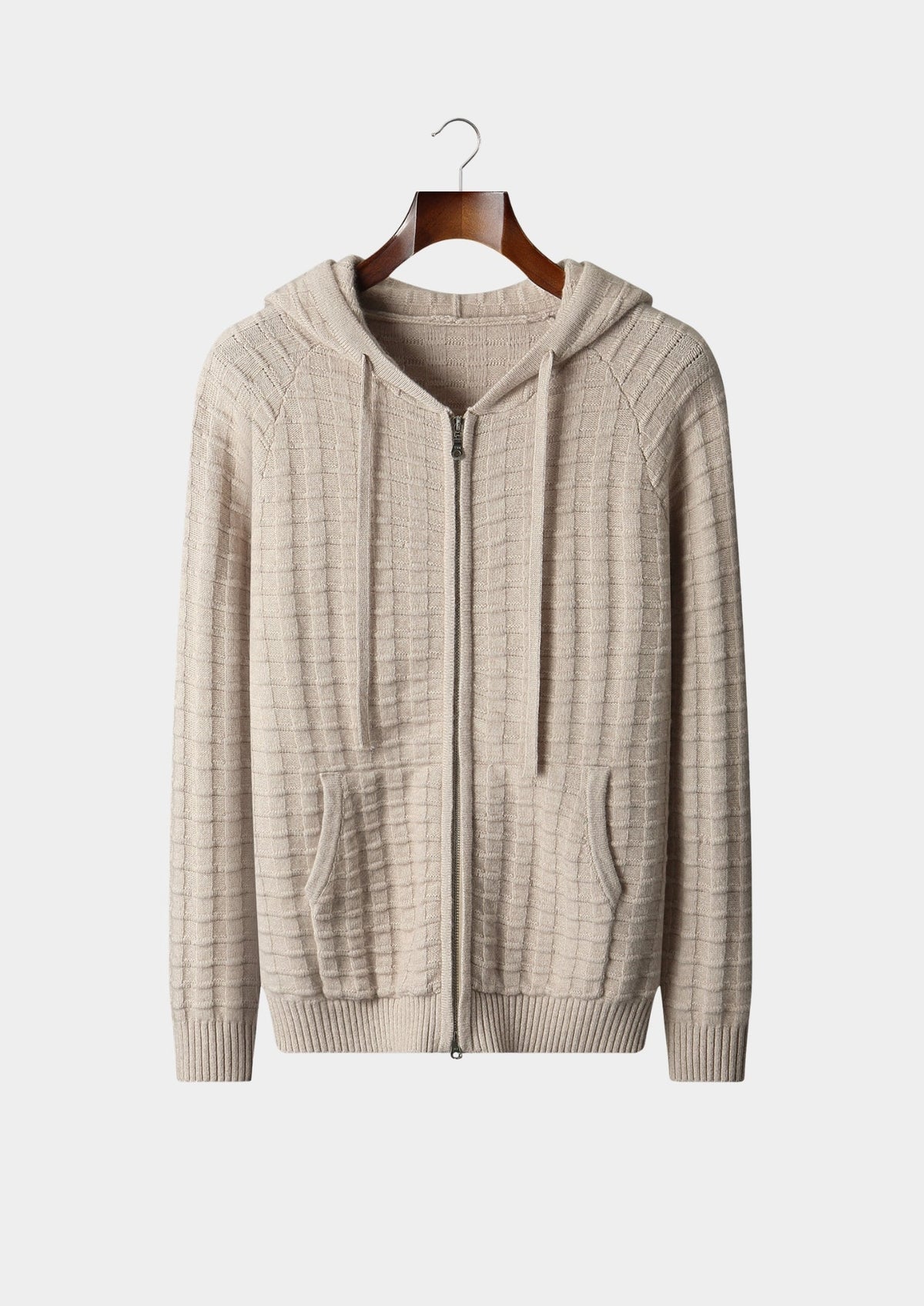 Men's Merino Wool Textured Full-Zip Hoodie Cardigan with Drawcord