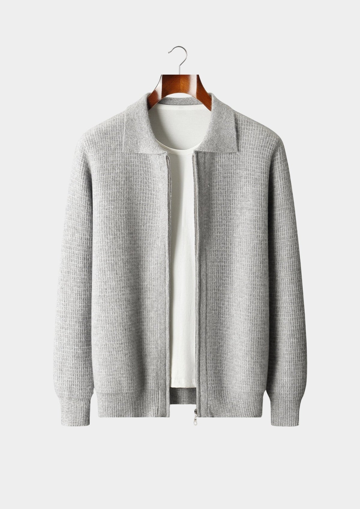 Men's Merino Wool Textured Zip Polo-Collar Cardigan