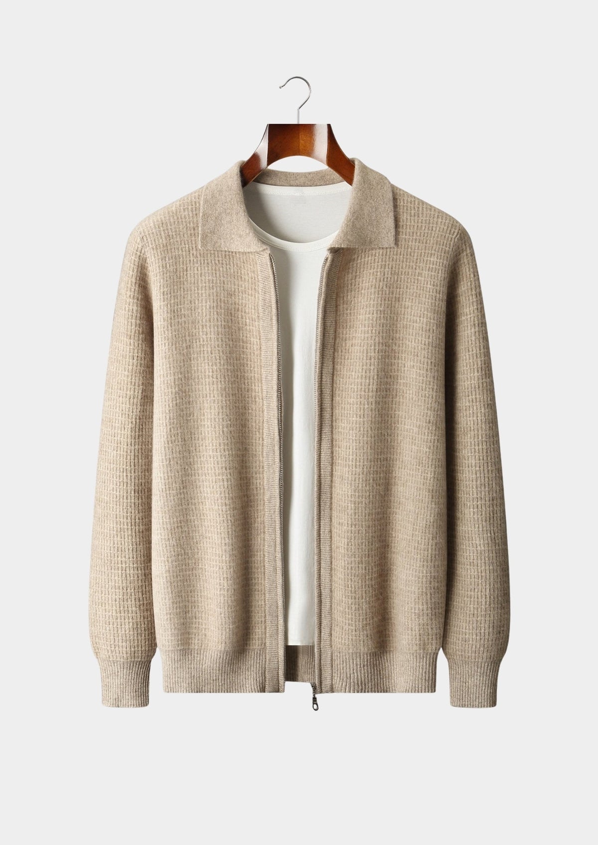Men's Merino Wool Textured Zip Polo-Collar Cardigan