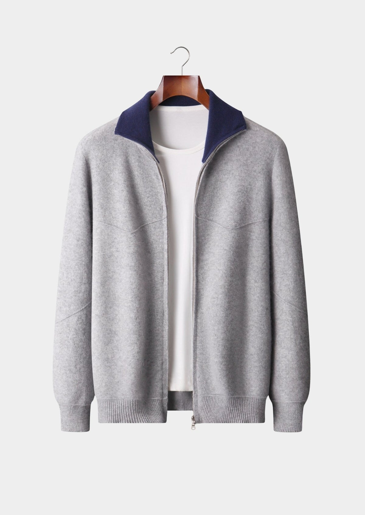 Men's Merino Wool Two-Tone Funnel Neck Zip Cardigan