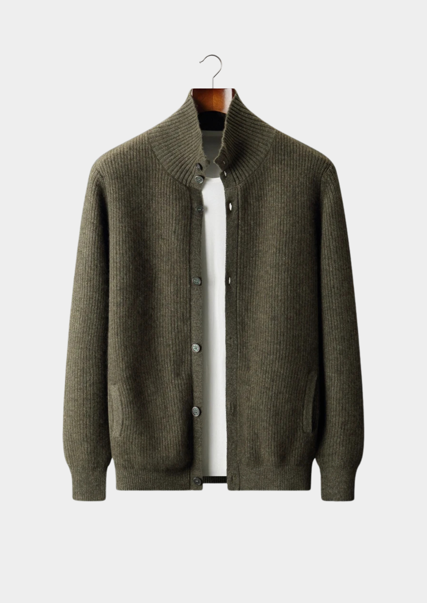 Men’s Ribbed Button-Front Cardigan with High Collar